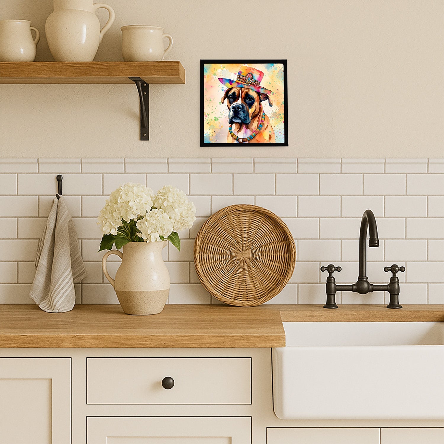 Boxer Hippie Dawg Framed Metal Print Bathroom, Kitchen, Office, Home Decor Wall Art Ready to Hang, Square, 8X8