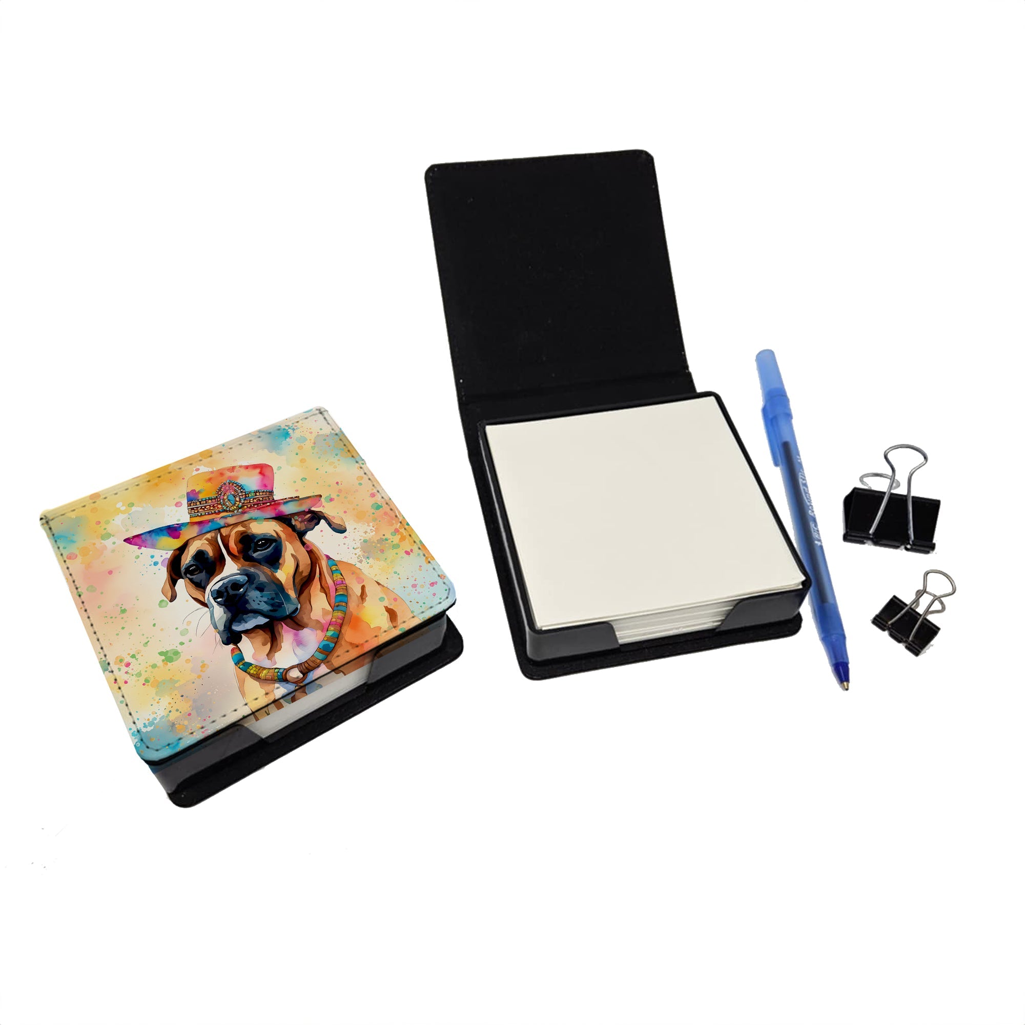 Boxer Hippie Dawg PU Leather Note Paper Holder with Artist-Designed Cover, Desk Accessory, Office Gift