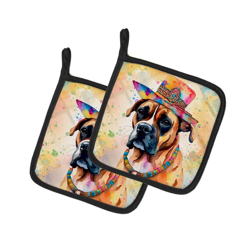 Boxer Hippie Dawg Pot Holder Set of 2 Heat Resistant Quilted Hot Pads 7.5 x 7.5 Inch, Insulated Kitchen Trivets for Cooking & Baking
