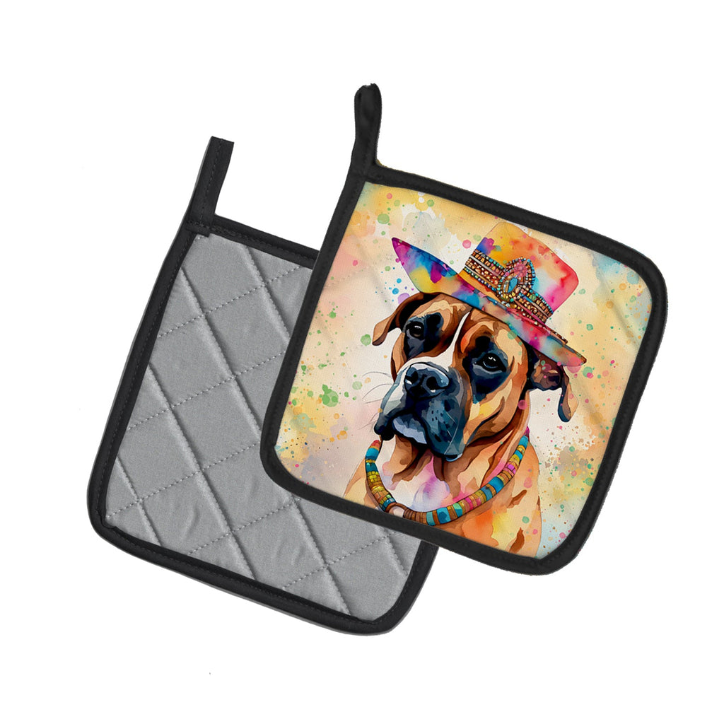 Boxer Hippie Dawg Pot Holder Set of 2 Heat Resistant Quilted Hot Pads 7.5 x 7.5 Inch, Insulated Kitchen Trivets for Cooking & Baking