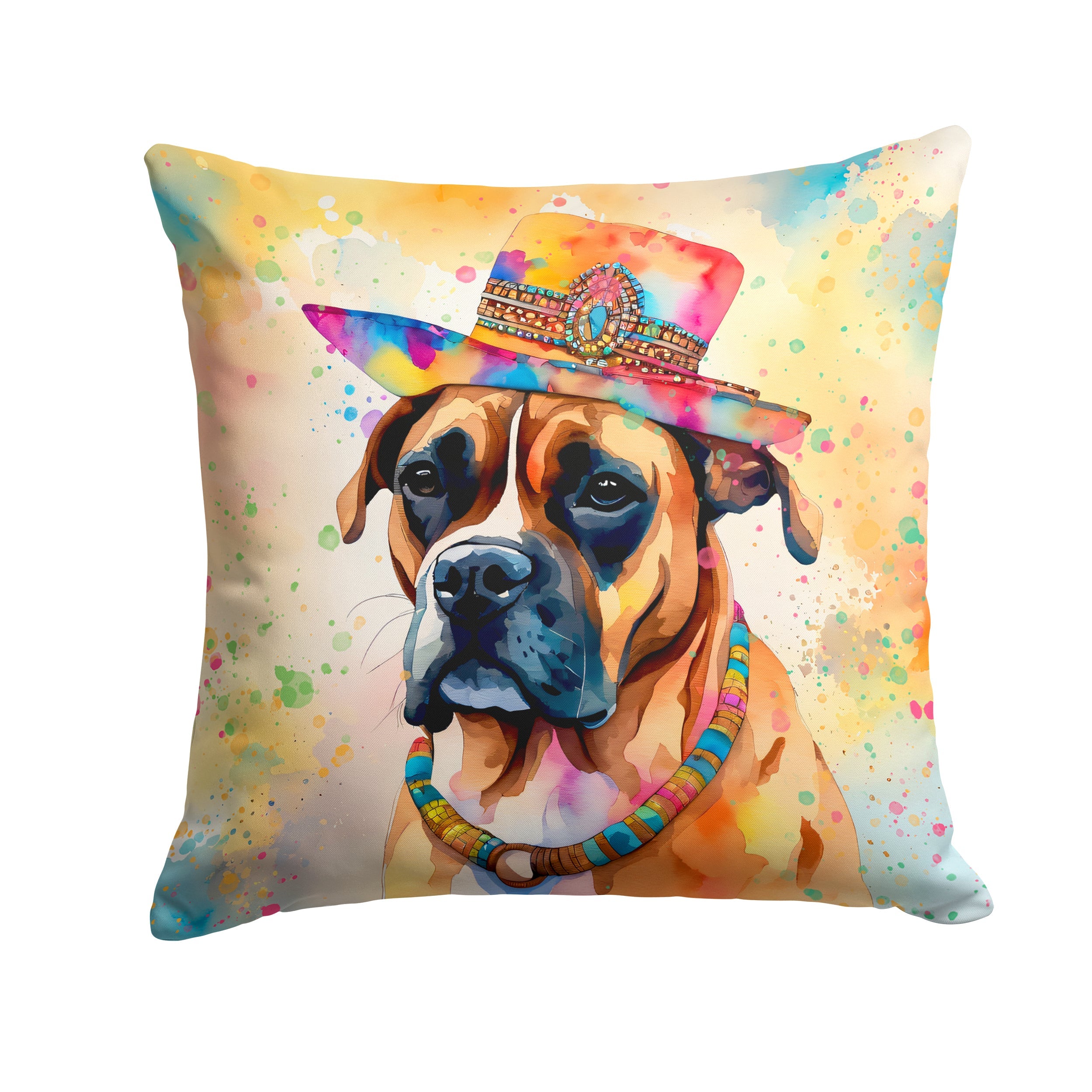 Boxer Hippie Dawg Decorative Throw Pillow 14x14 Indoor Outdoor Accent Cushion, Fabric Cover with Insert for Sofa, Bed, Porch & Living Room