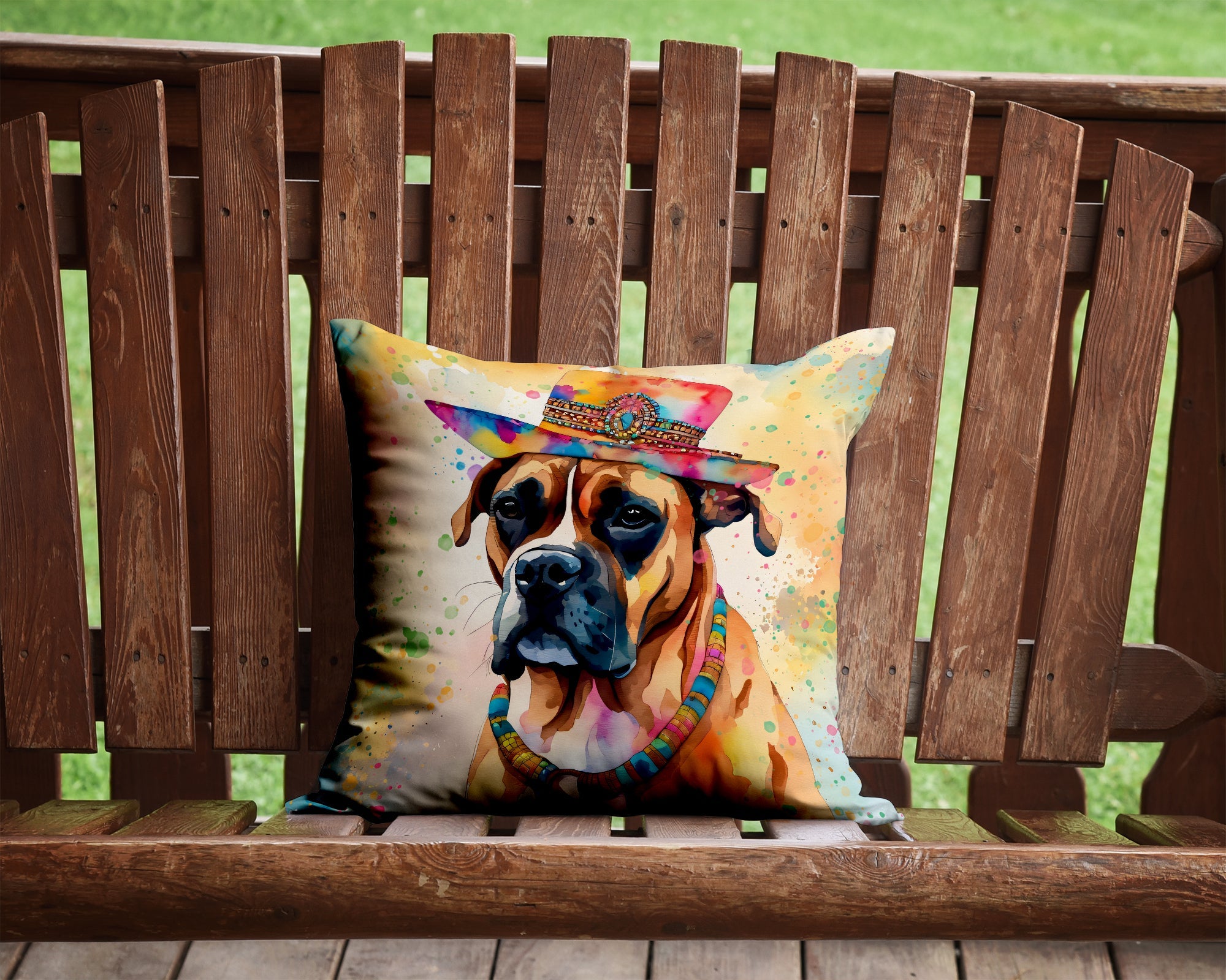 Boxer Hippie Dawg Decorative Throw Pillow 14x14 Indoor Outdoor Accent Cushion, Fabric Cover with Insert for Sofa, Bed, Porch & Living Room