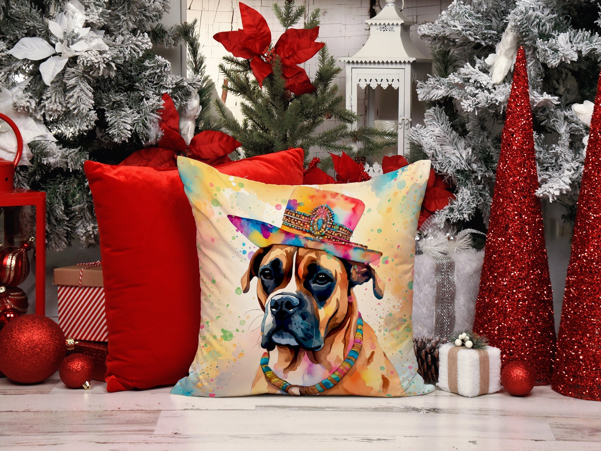 Boxer Hippie Dawg Decorative Throw Pillow 18x18 Indoor Outdoor Accent Cushion, Fabric Cover with Insert for Sofa, Bed, Porch & Living Room