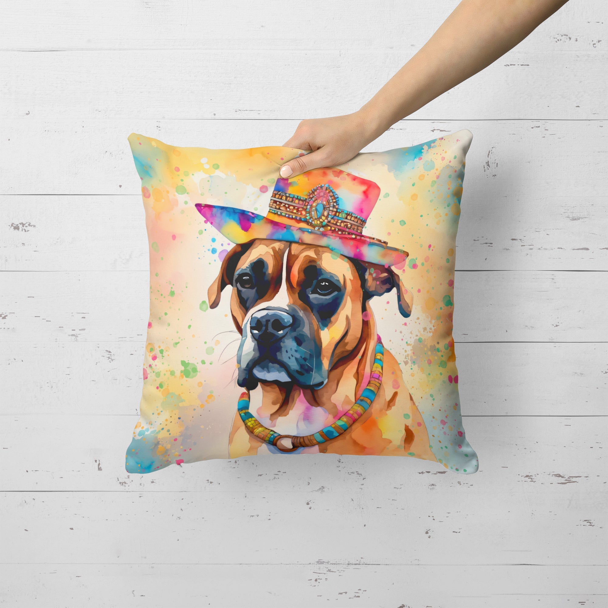 Boxer Hippie Dawg Decorative Throw Pillow 18x18 Indoor Outdoor Accent Cushion, Fabric Cover with Insert for Sofa, Bed, Porch & Living Room
