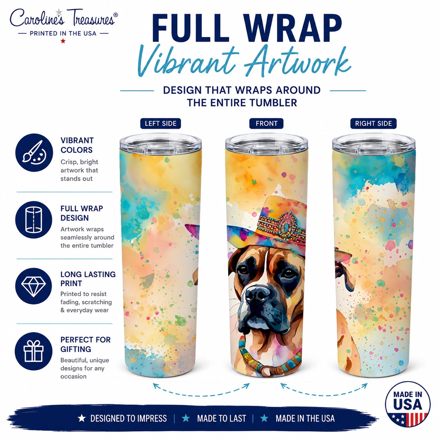 Boxer Hippie Dawg Stainless Steel Skinny Tumbler 20 oz Vacuum Double Walled Reusable Insulated Travel Cup