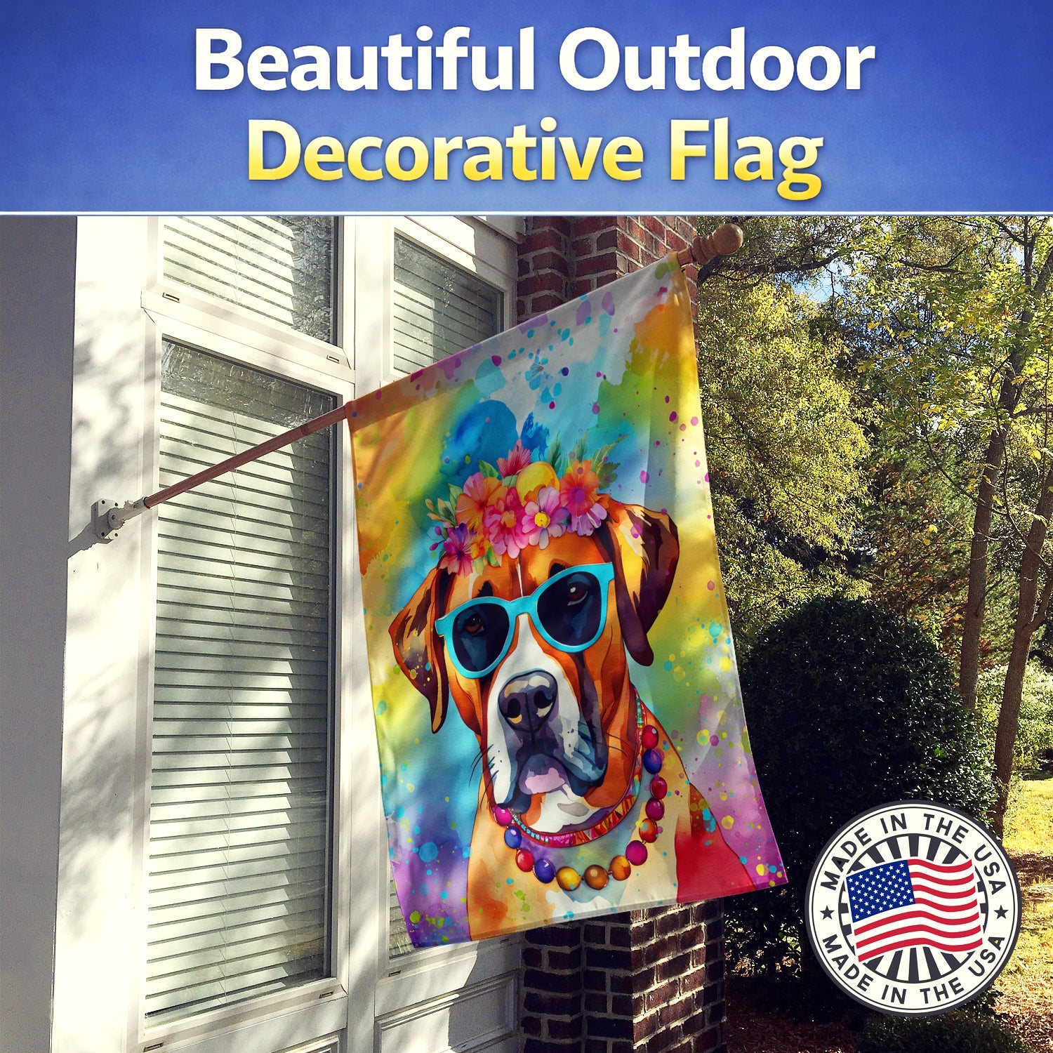Boxer Hippie Dawg House Flag 28x40 Porch Sleeve Pole Decorative Outside Yard Banner Artwork Wall Hanging, Polyester