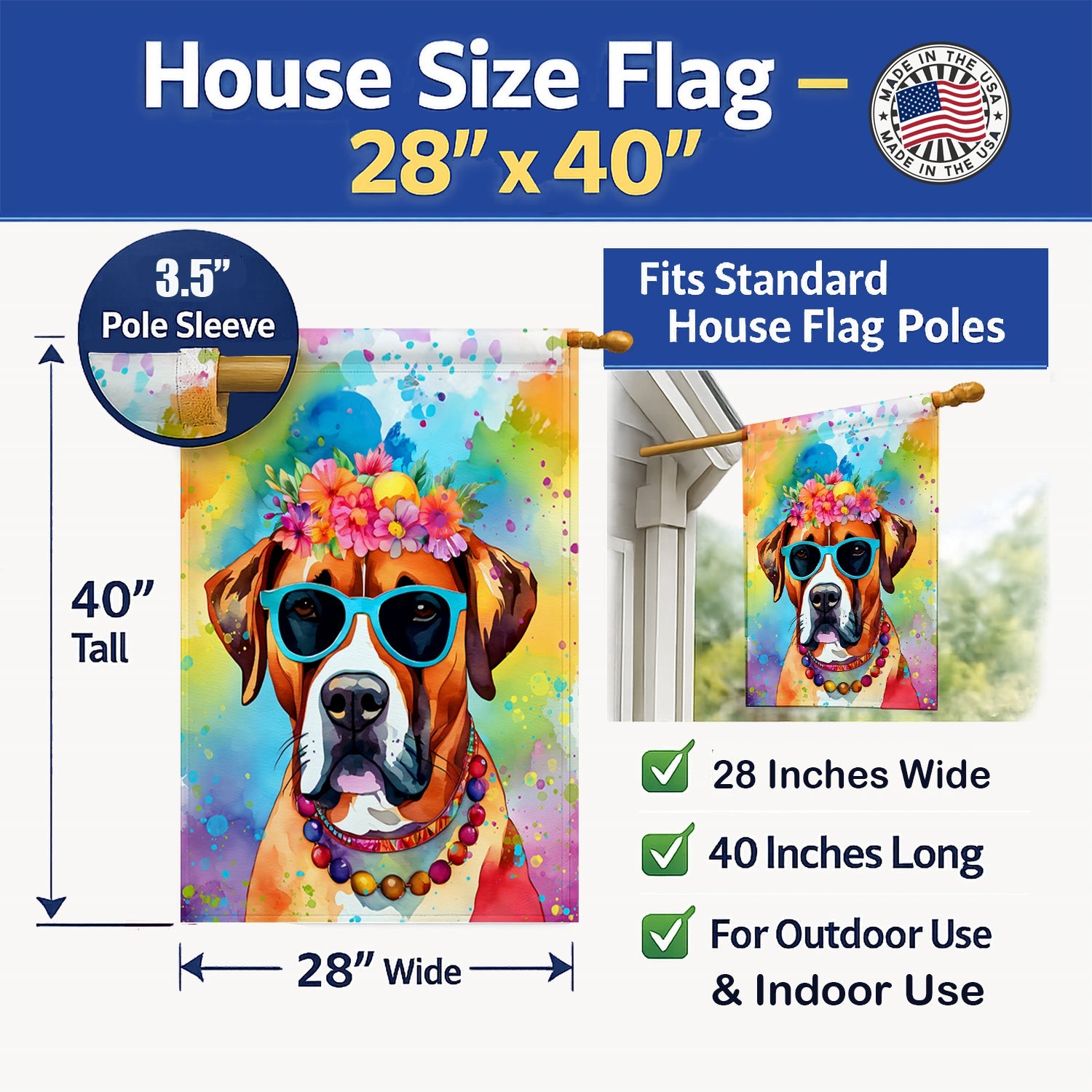 Boxer Hippie Dawg House Flag 28x40 Porch Sleeve Pole Decorative Outside Yard Banner Artwork Wall Hanging, Polyester