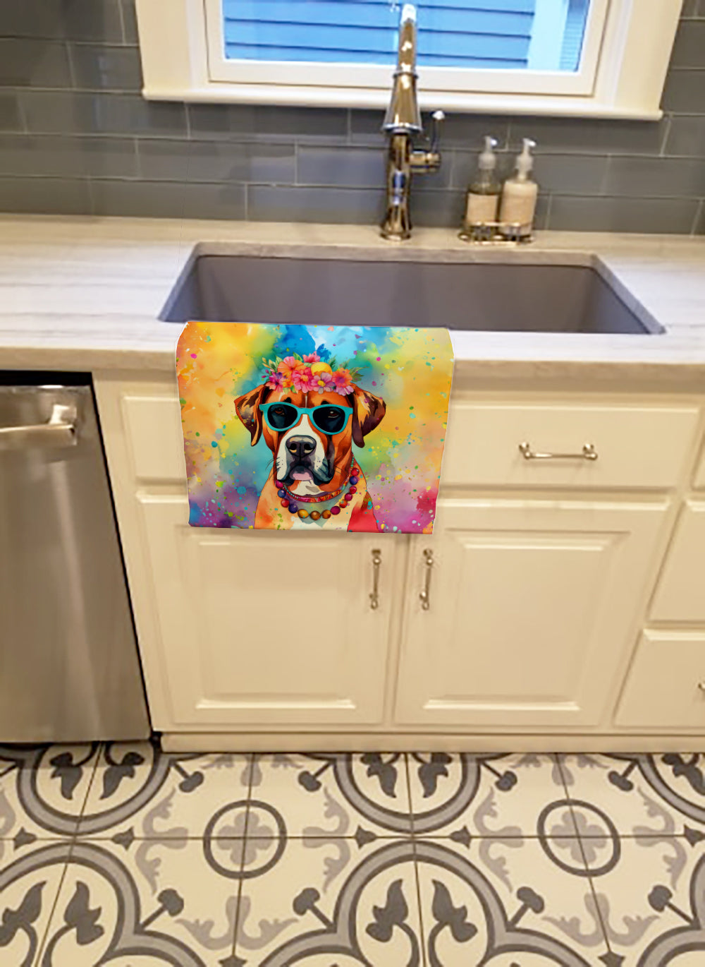 Boxer Hippie Dawg Kitchen Towel Velour Plush Front and Cotton Loop Back Machine Washable