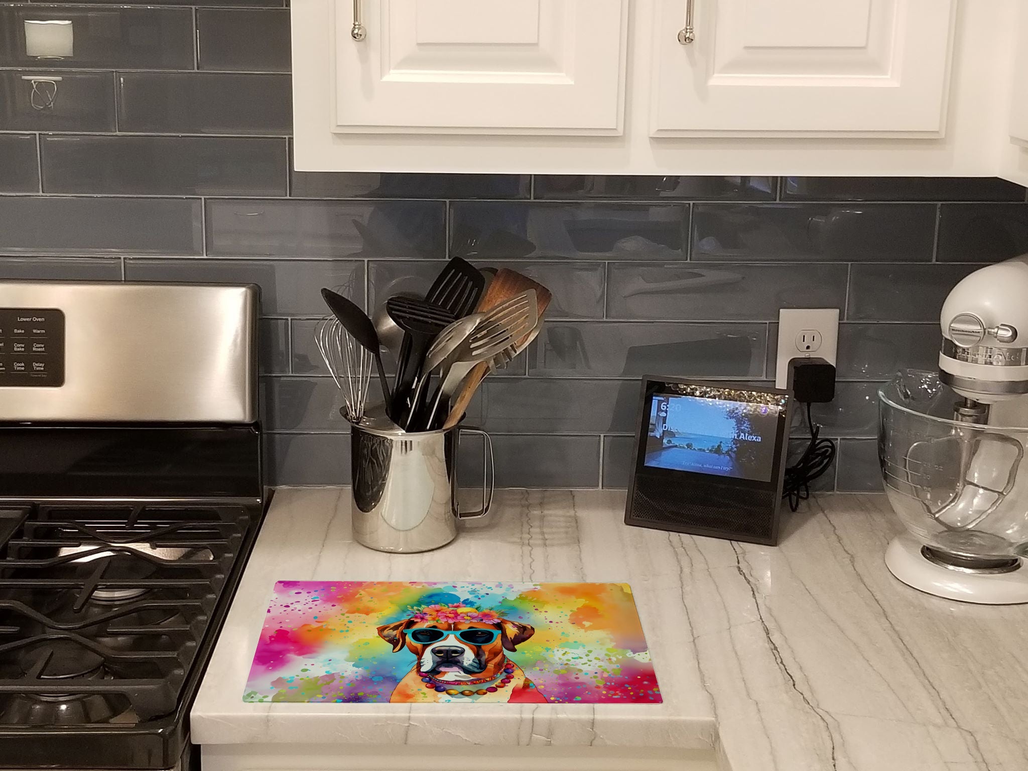 Boxer Hippie Dawg Cutting Board Tempered Glass Kitchen Cutting Surface, Heat Resistant Chopping, Non-Slip Feet, Food Prep & Serving