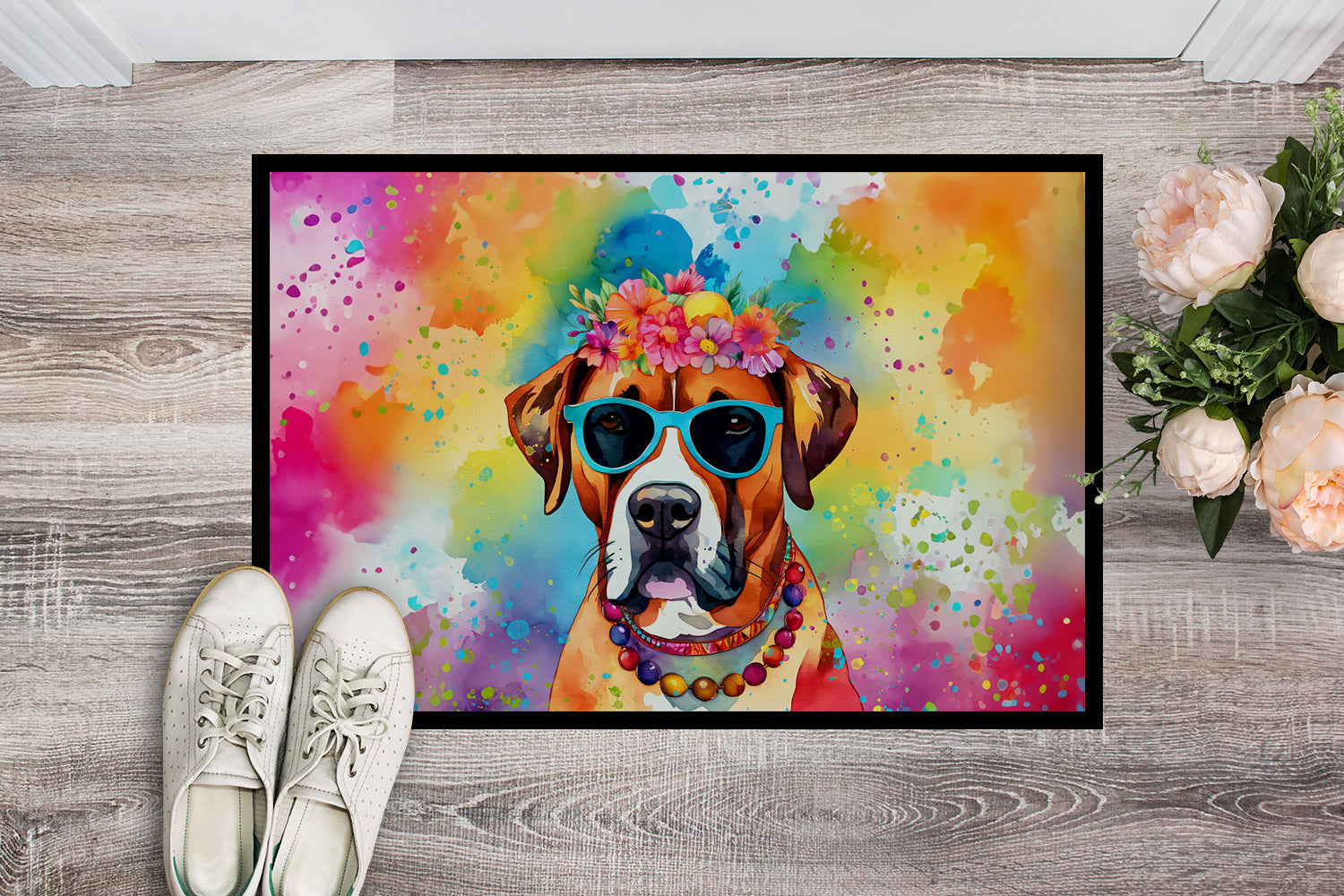 Boxer Hippie Dawg Doormat Indoor Outdoor 18H X 27W Front Door Mat Rugs for Entryway, Non Slip Washable