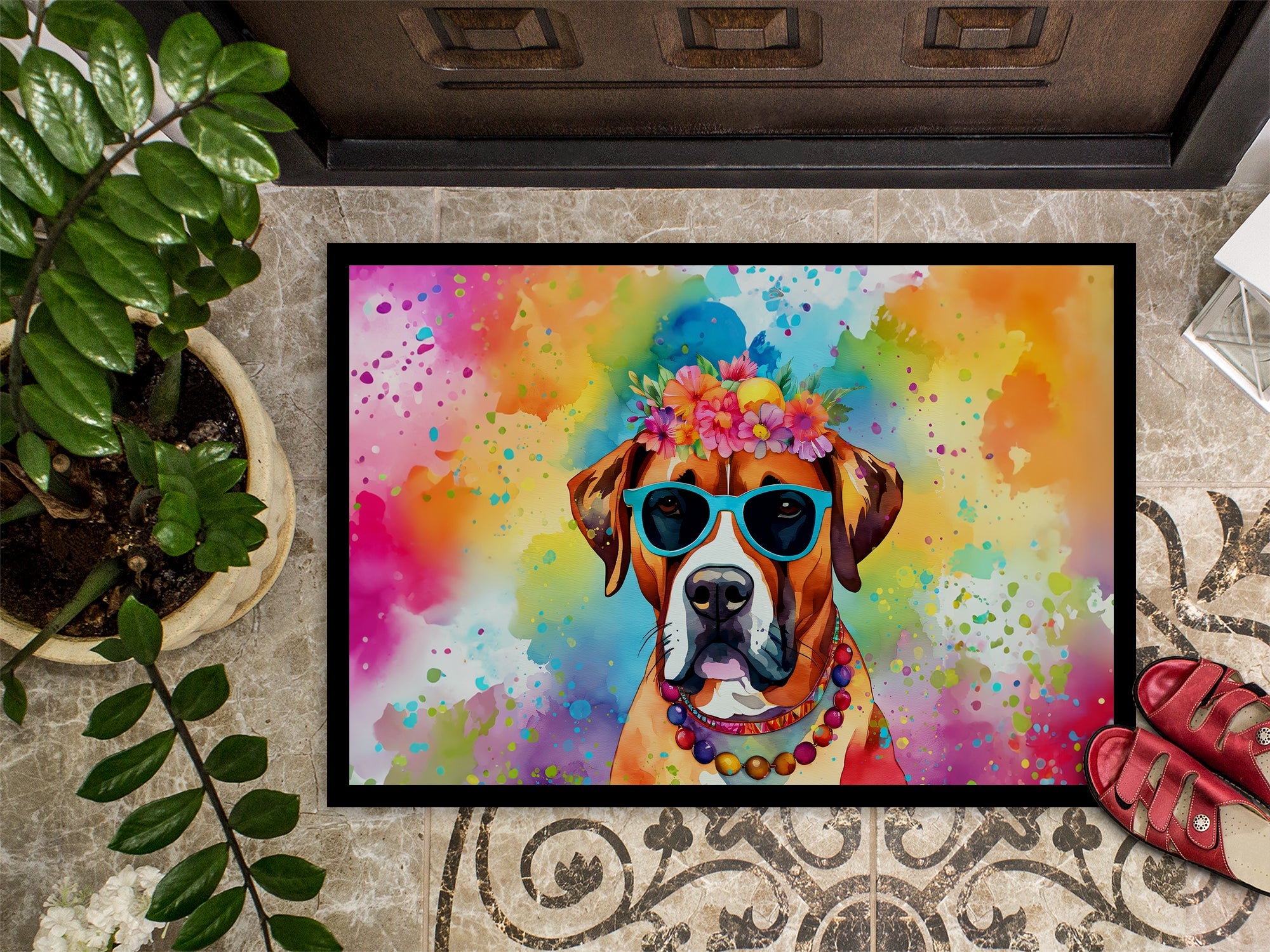 Boxer Hippie Dawg Doormat Indoor Outdoor 18H X 27W Front Door Mat Rugs for Entryway, Non Slip Washable