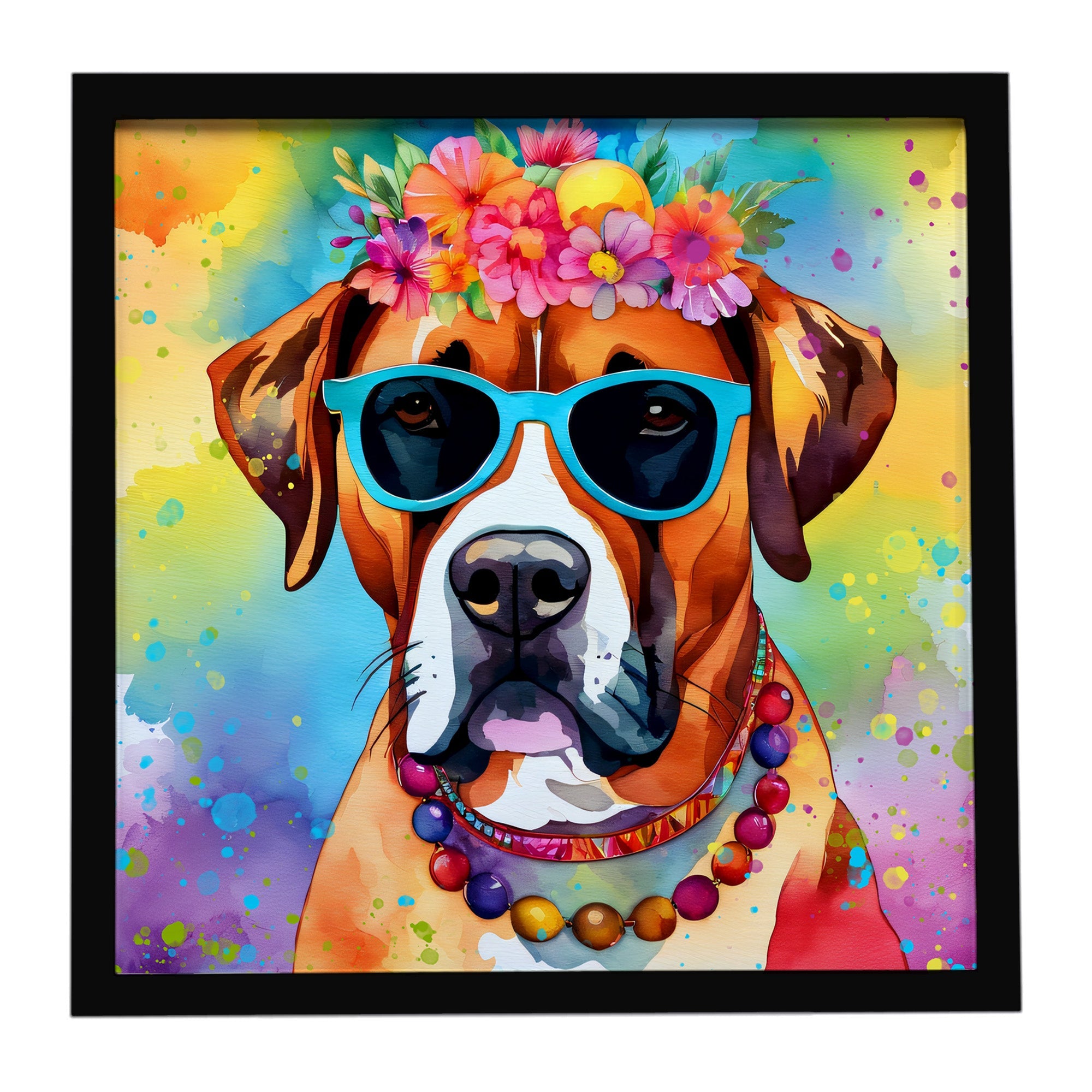 Boxer Hippie Dawg Framed Metal Print Bathroom, Kitchen, Office, Home Decor Wall Art Ready to Hang, Square, 8X8