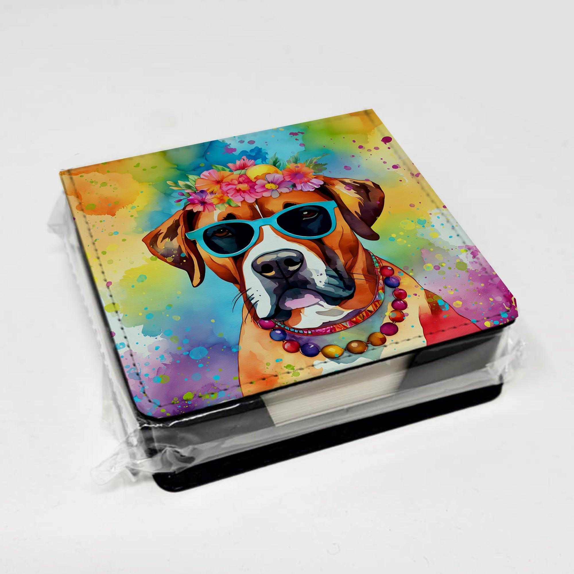 Boxer Hippie Dawg PU Leather Note Paper Holder with Artist-Designed Cover, Desk Accessory, Office Gift