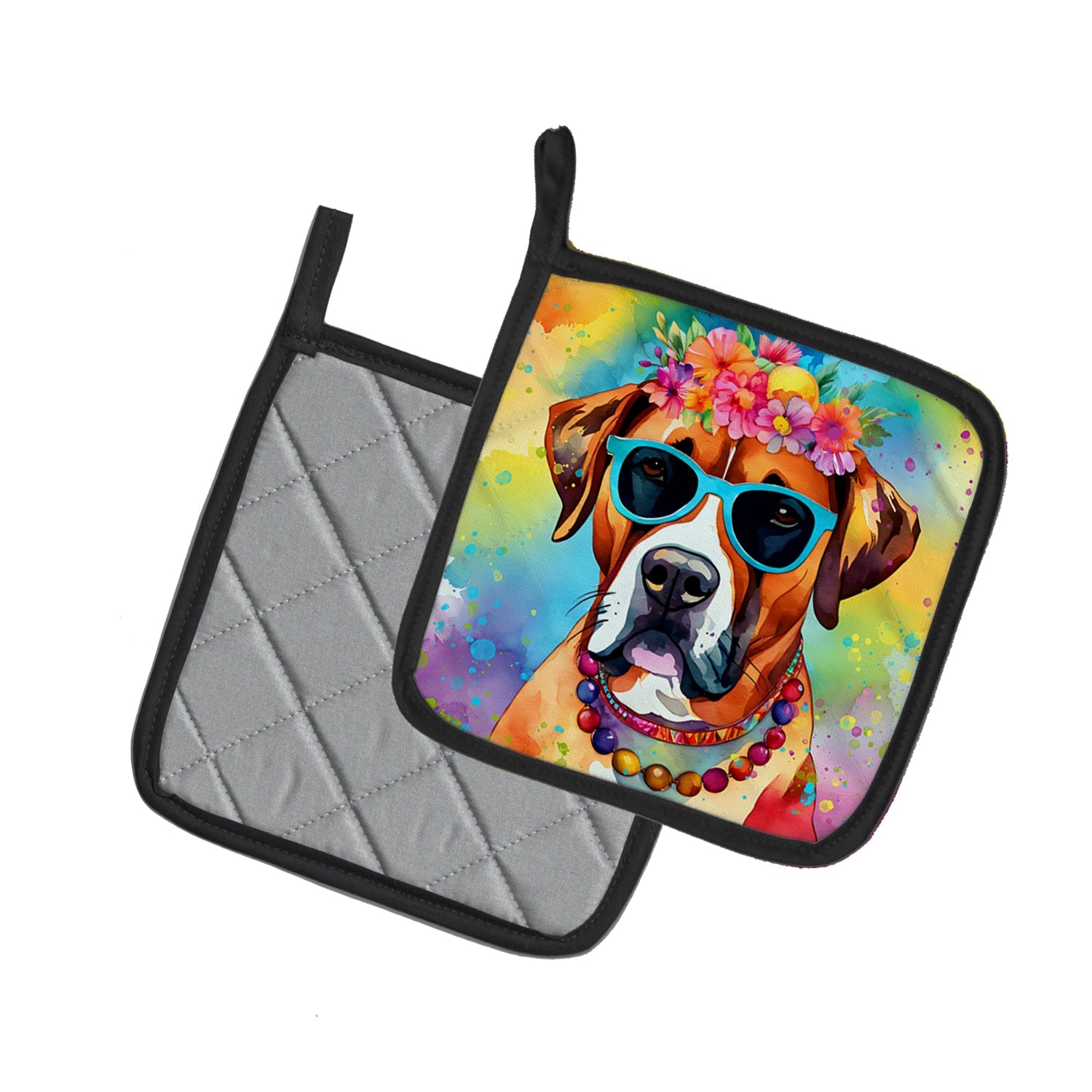 Boxer Hippie Dawg Pot Holder Set of 2 Heat Resistant Quilted Hot Pads 7.5 x 7.5 Inch, Insulated Kitchen Trivets for Cooking & Baking
