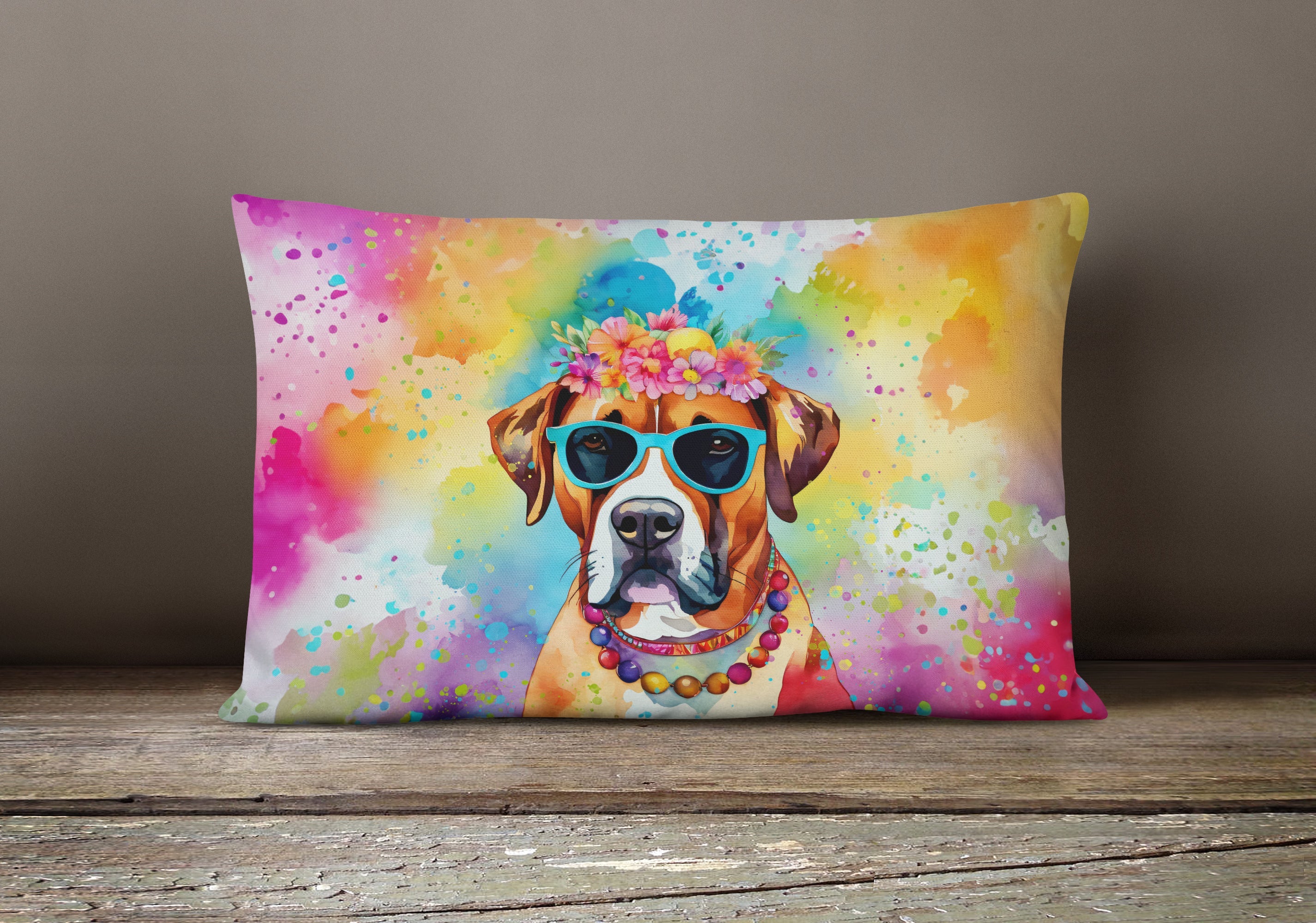 Boxer Hippie Dawg Decorative Throw Pillow 12x16 Indoor Outdoor Accent Cushion, Fabric Cover with Insert for Sofa, Bed, Porch & Living Room