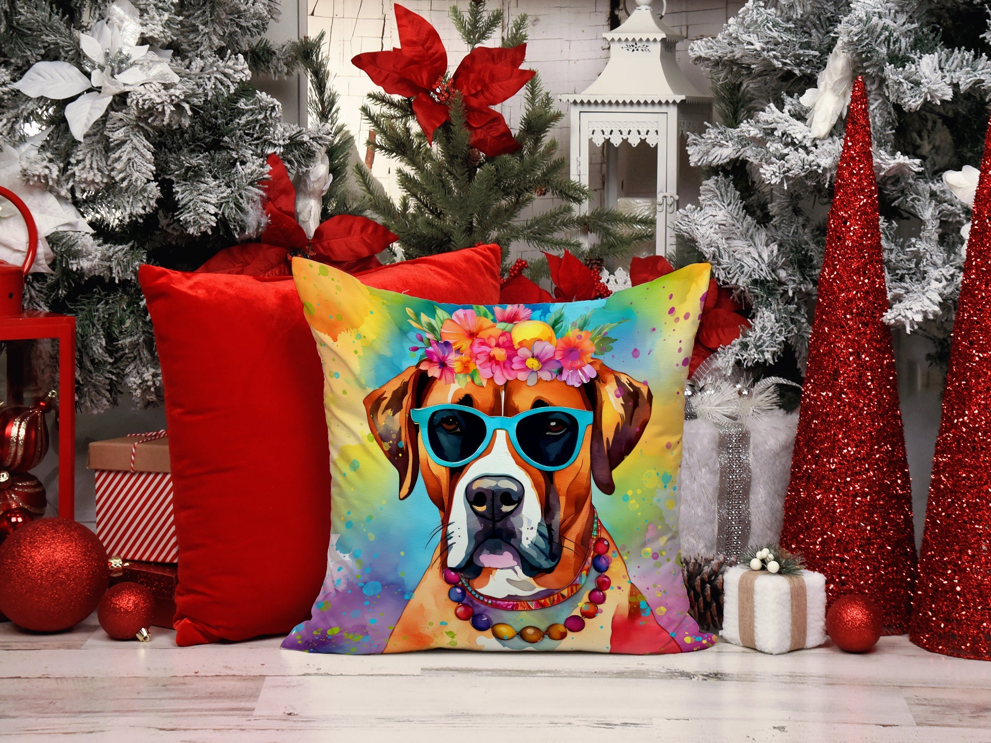 Boxer Hippie Dawg Decorative Throw Pillow 14x14 Indoor Outdoor Accent Cushion, Fabric Cover with Insert for Sofa, Bed, Porch & Living Room