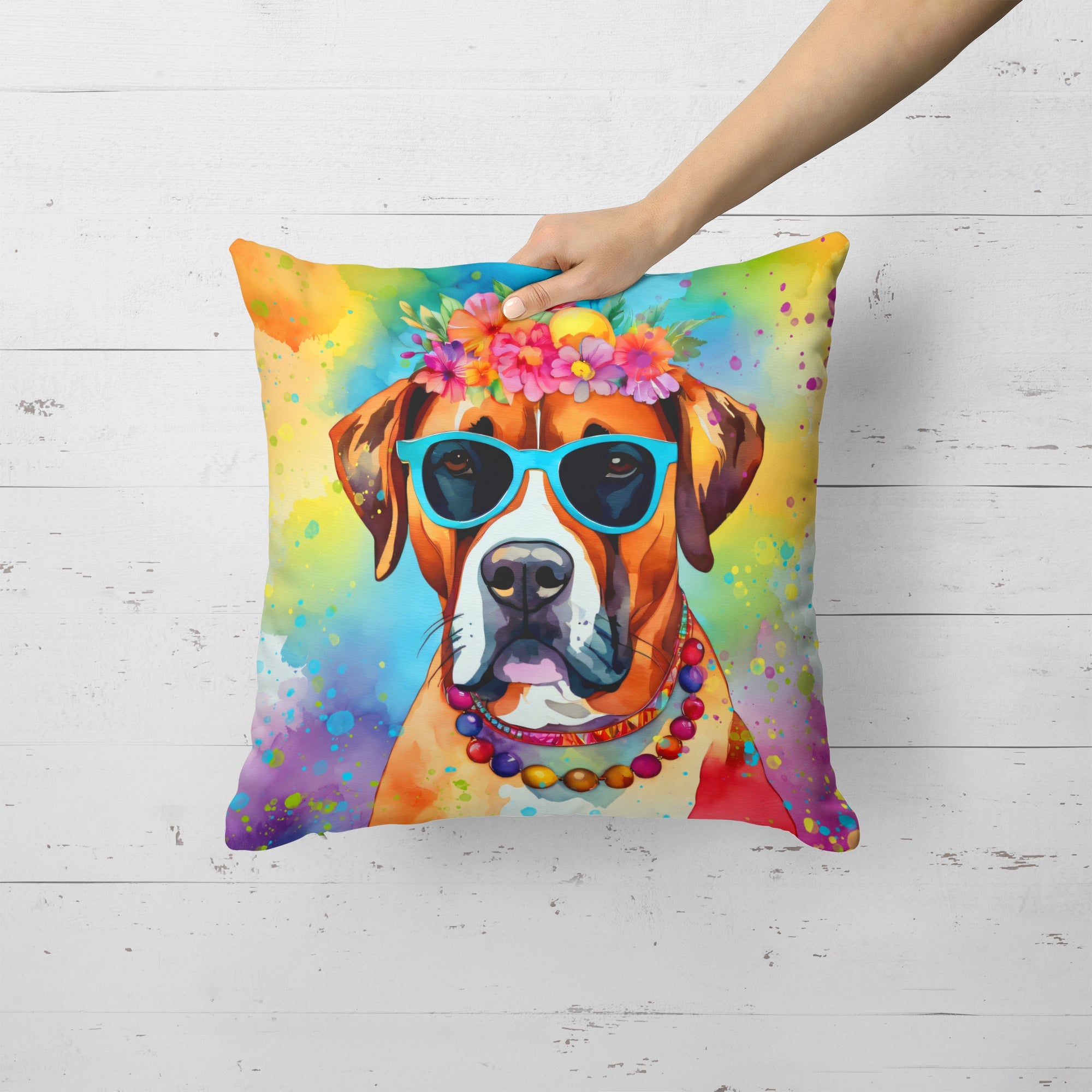 Boxer Hippie Dawg Decorative Throw Pillow 18x18 Indoor Outdoor Accent Cushion, Fabric Cover with Insert for Sofa, Bed, Porch & Living Room