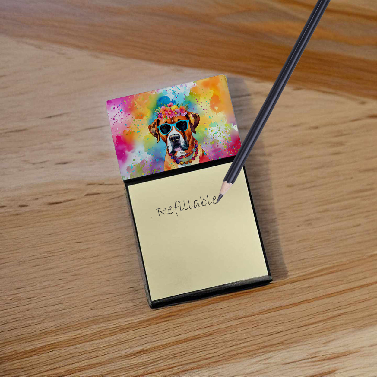 Boxer Hippie Dawg Watercolor Sticky Note Holder Refillable Dispenser Desk Accessory 3x3 Pad Gift