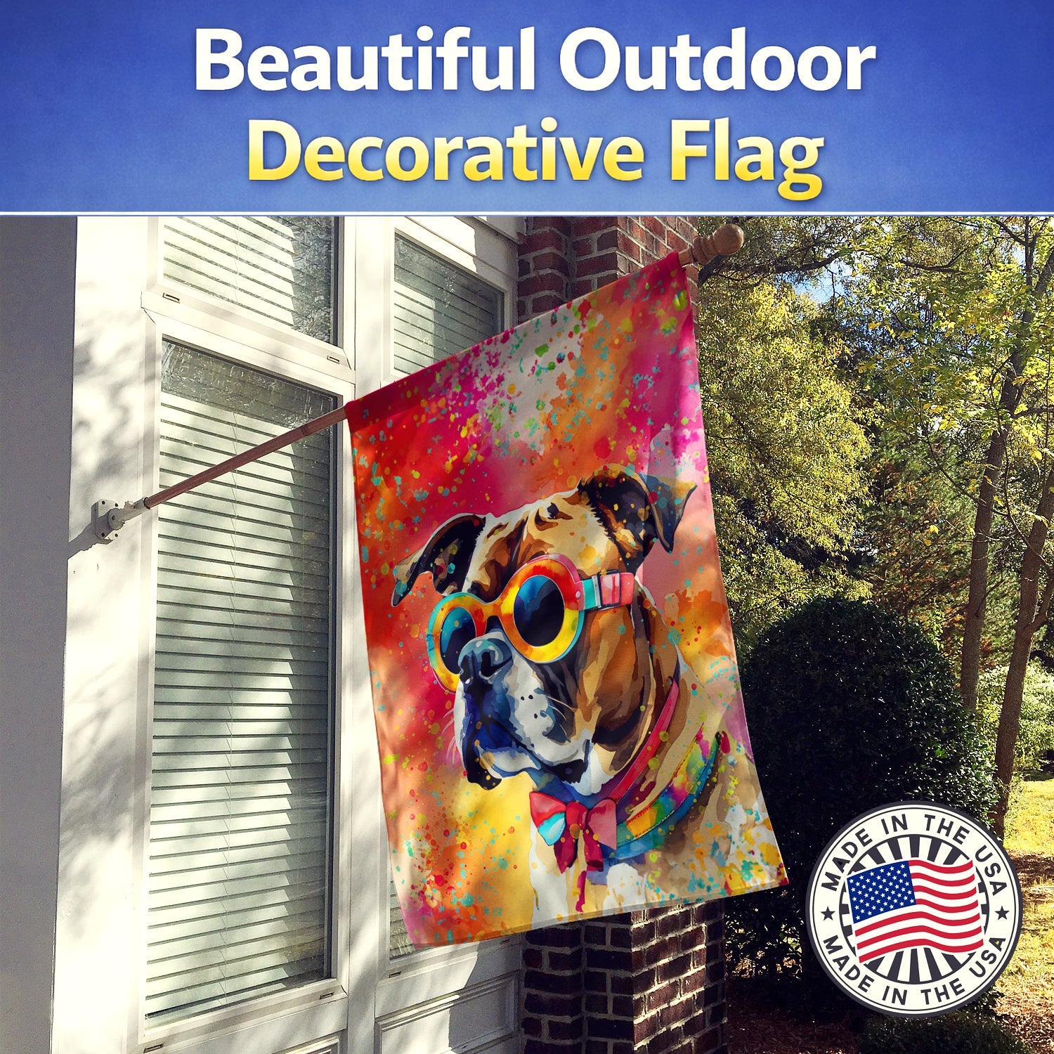 Boxer Hippie Dawg House Flag 28x40 Porch Sleeve Pole Decorative Outside Yard Banner Artwork Wall Hanging, Polyester