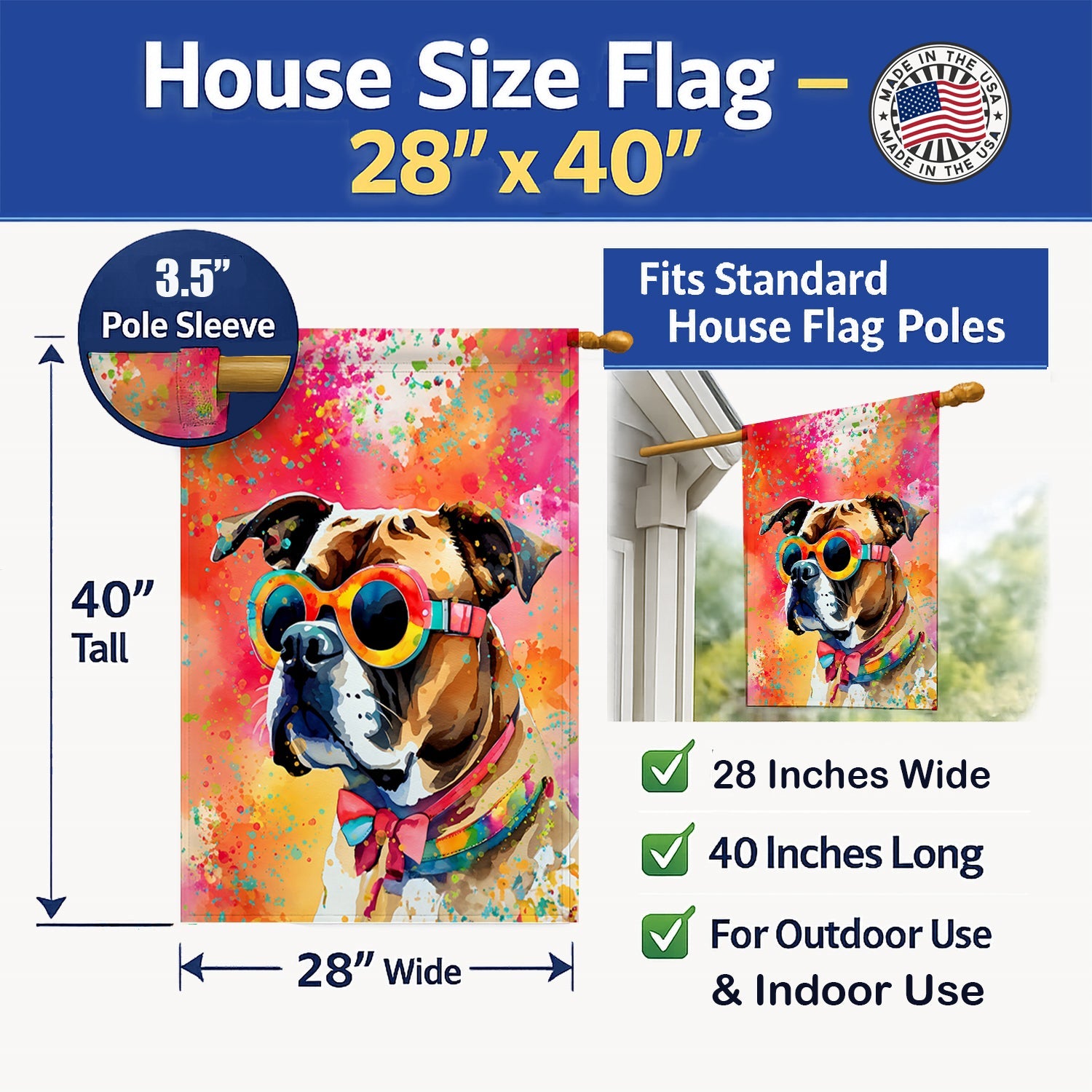 Boxer Hippie Dawg House Flag 28x40 Porch Sleeve Pole Decorative Outside Yard Banner Artwork Wall Hanging, Polyester