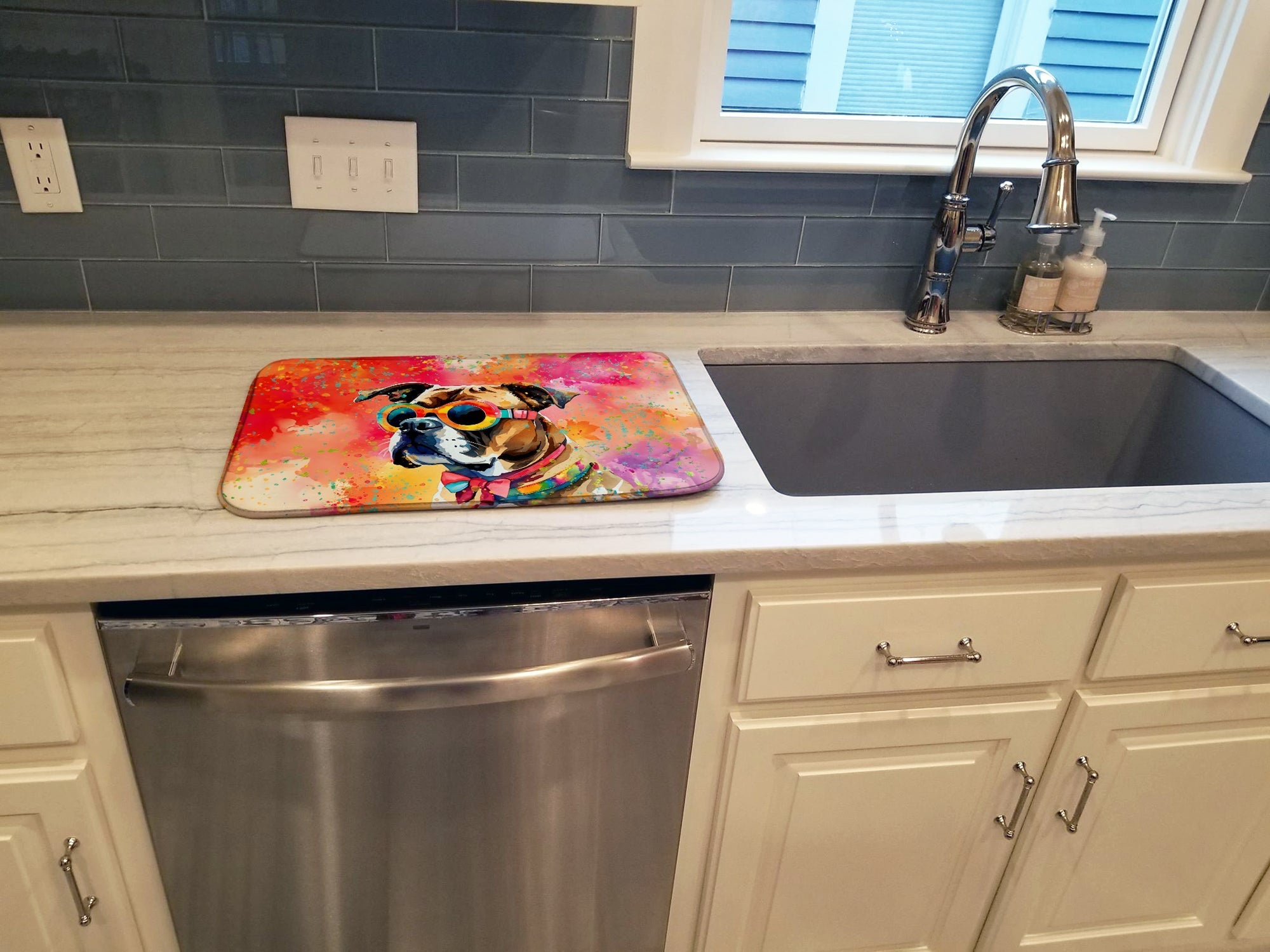 Boxer Hippie Dawg Dish Drying Mat Absorbent Dish Drying Mat Pad for Kitchen Counter Dish Drainer Mat for Countertop, 14 x 21", Multicolor