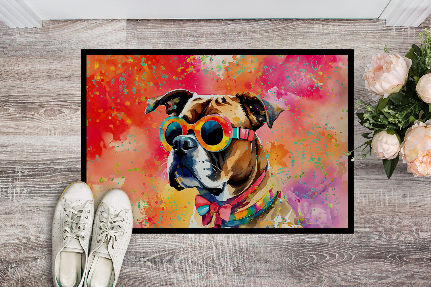 Boxer Hippie Dawg Doormat Indoor Outdoor 24H X 36W Front Door Mat Rugs for Entryway, Non Slip Washable Low Pile,
