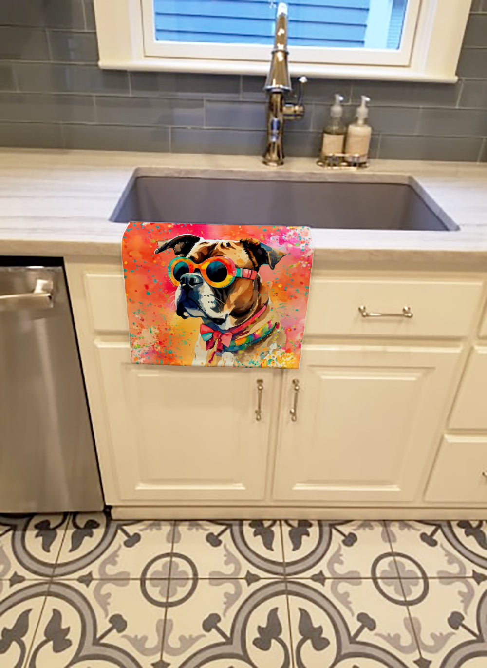 Boxer Hippie Dawg Kitchen Towel Velour Plush Front and Cotton Loop Back Machine Washable