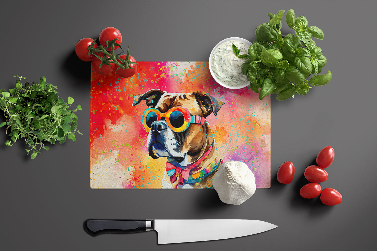 Boxer Hippie Dawg Cutting Board Tempered Glass Kitchen Cutting Surface, Heat Resistant Chopping, Non-Slip Feet, Food Prep & Serving