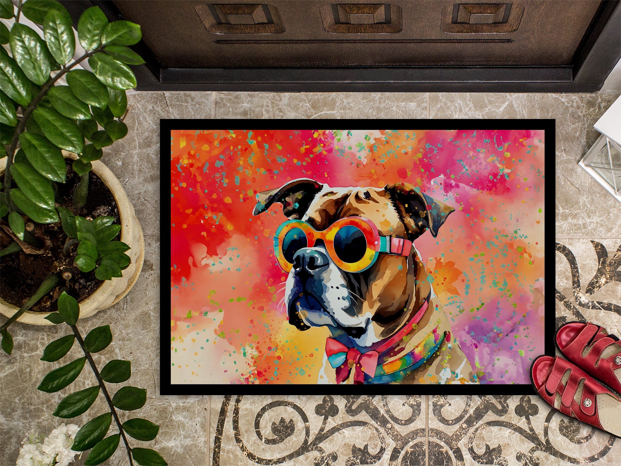 Boxer Hippie Dawg Doormat Indoor Outdoor 18H X 27W Front Door Mat Rugs for Entryway, Non Slip Washable