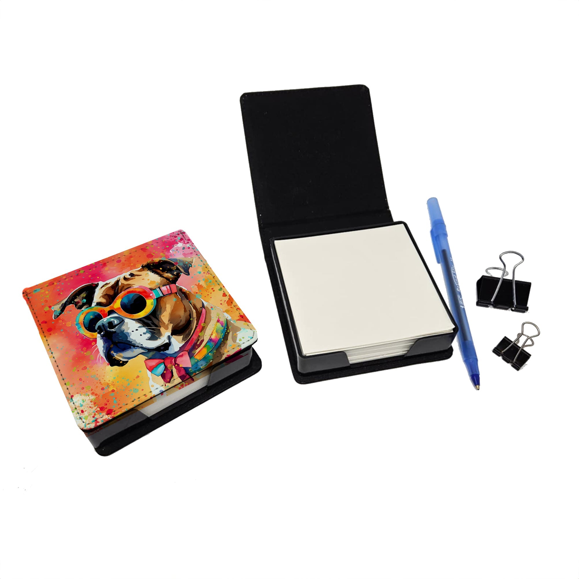 Boxer Hippie Dawg PU Leather Note Paper Holder with Artist-Designed Cover, Desk Accessory, Office Gift