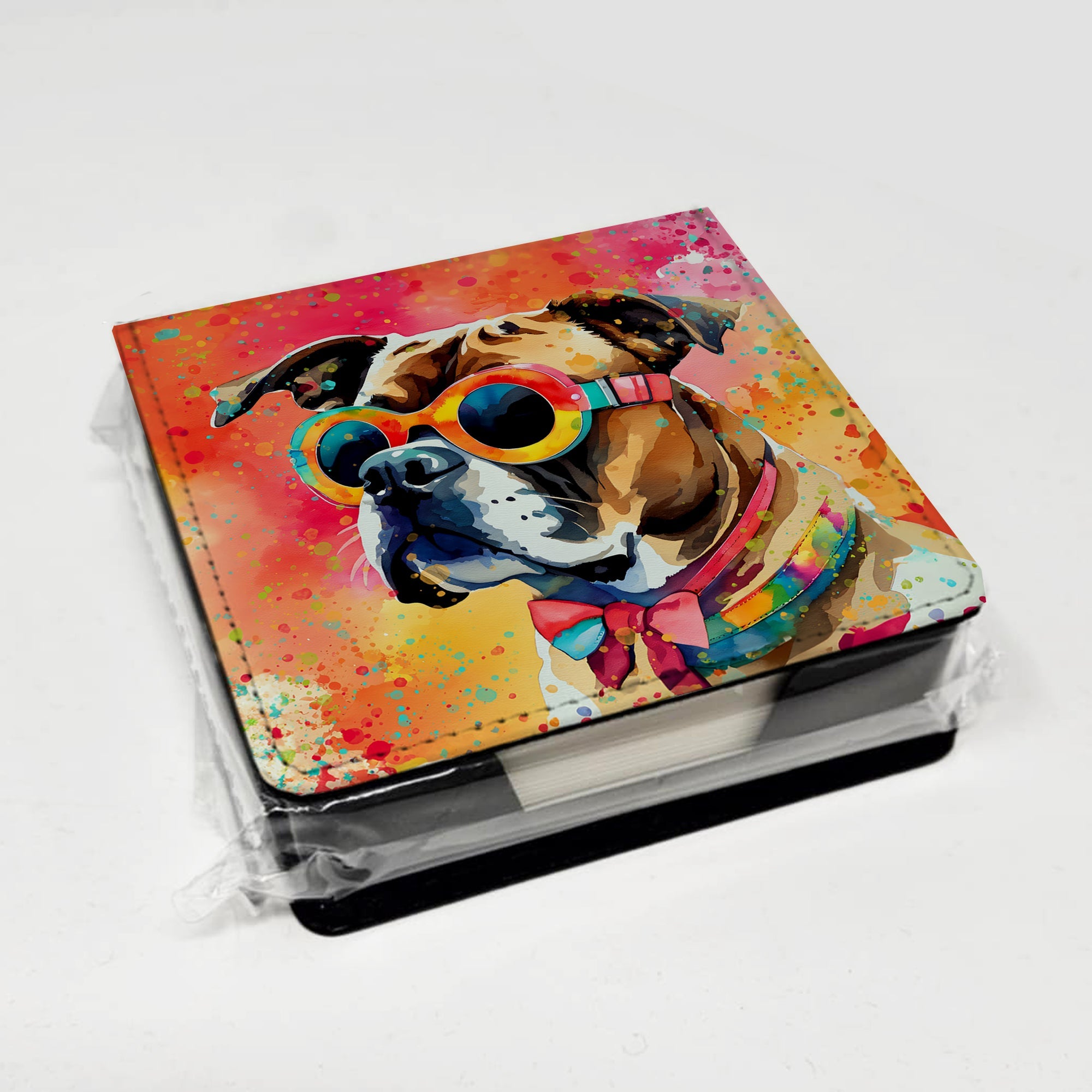 Boxer Hippie Dawg PU Leather Note Paper Holder with Artist-Designed Cover, Desk Accessory, Office Gift
