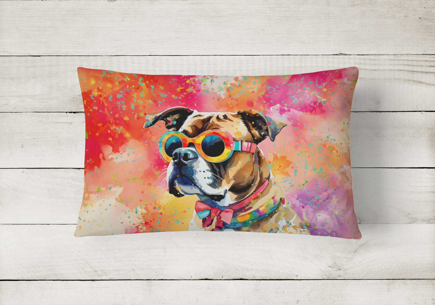 Boxer Hippie Dawg Decorative Throw Pillow 12x16 Indoor Outdoor Accent Cushion, Fabric Cover with Insert for Sofa, Bed, Porch & Living Room