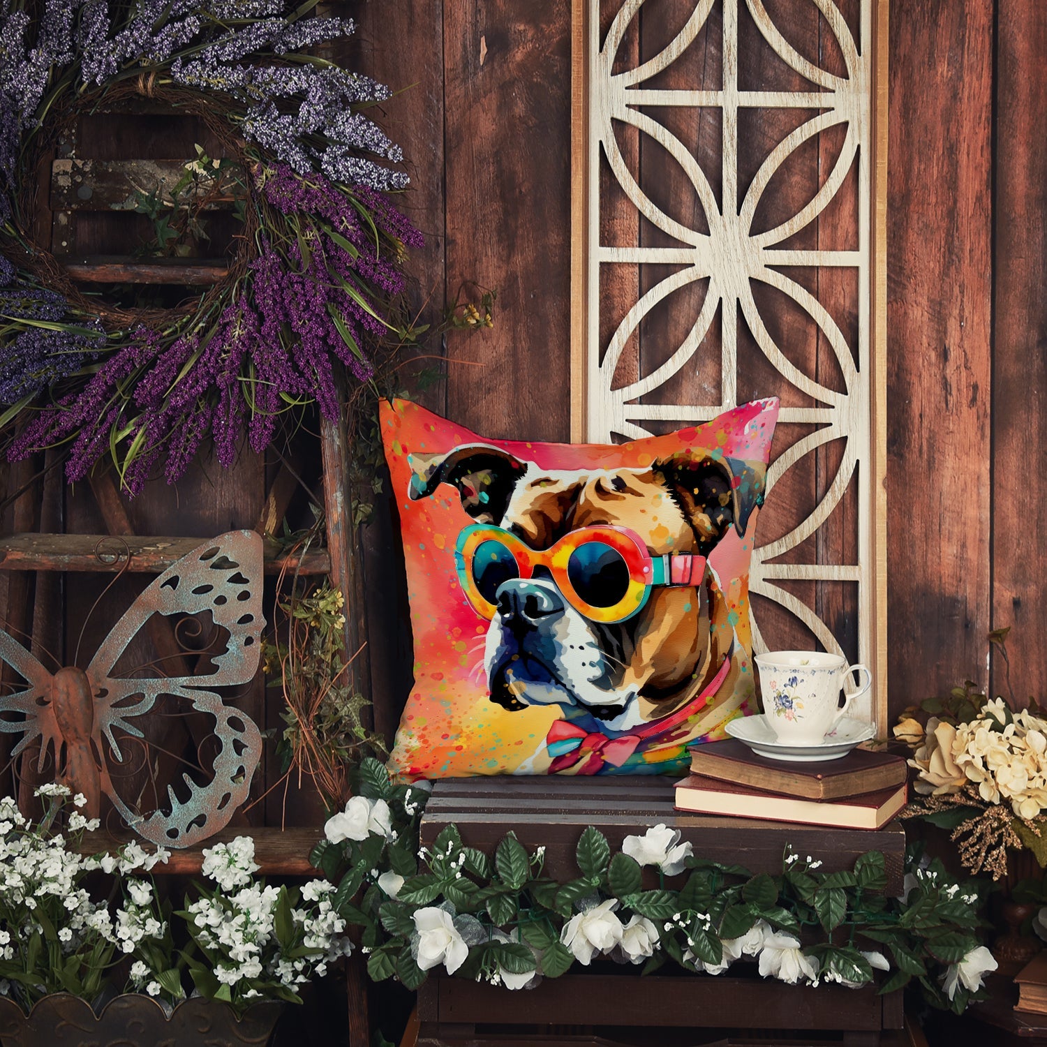 Boxer Hippie Dawg Decorative Throw Pillow 14x14 Indoor Outdoor Accent Cushion, Fabric Cover with Insert for Sofa, Bed, Porch & Living Room