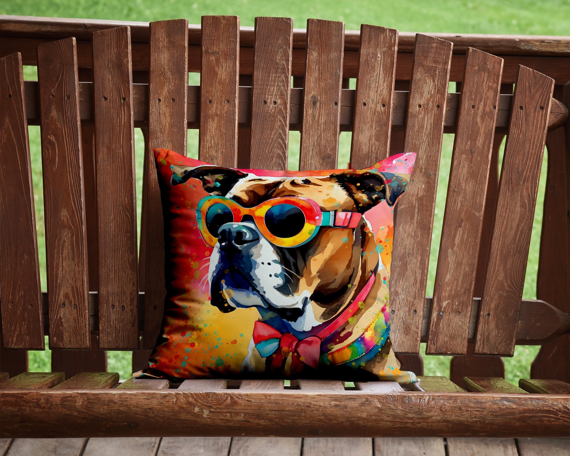 Boxer Hippie Dawg Decorative Throw Pillow 14x14 Indoor Outdoor Accent Cushion, Fabric Cover with Insert for Sofa, Bed, Porch & Living Room