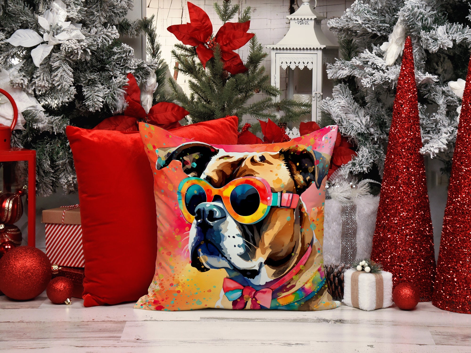 Boxer Hippie Dawg Decorative Throw Pillow 18x18 Indoor Outdoor Accent Cushion, Fabric Cover with Insert for Sofa, Bed, Porch & Living Room