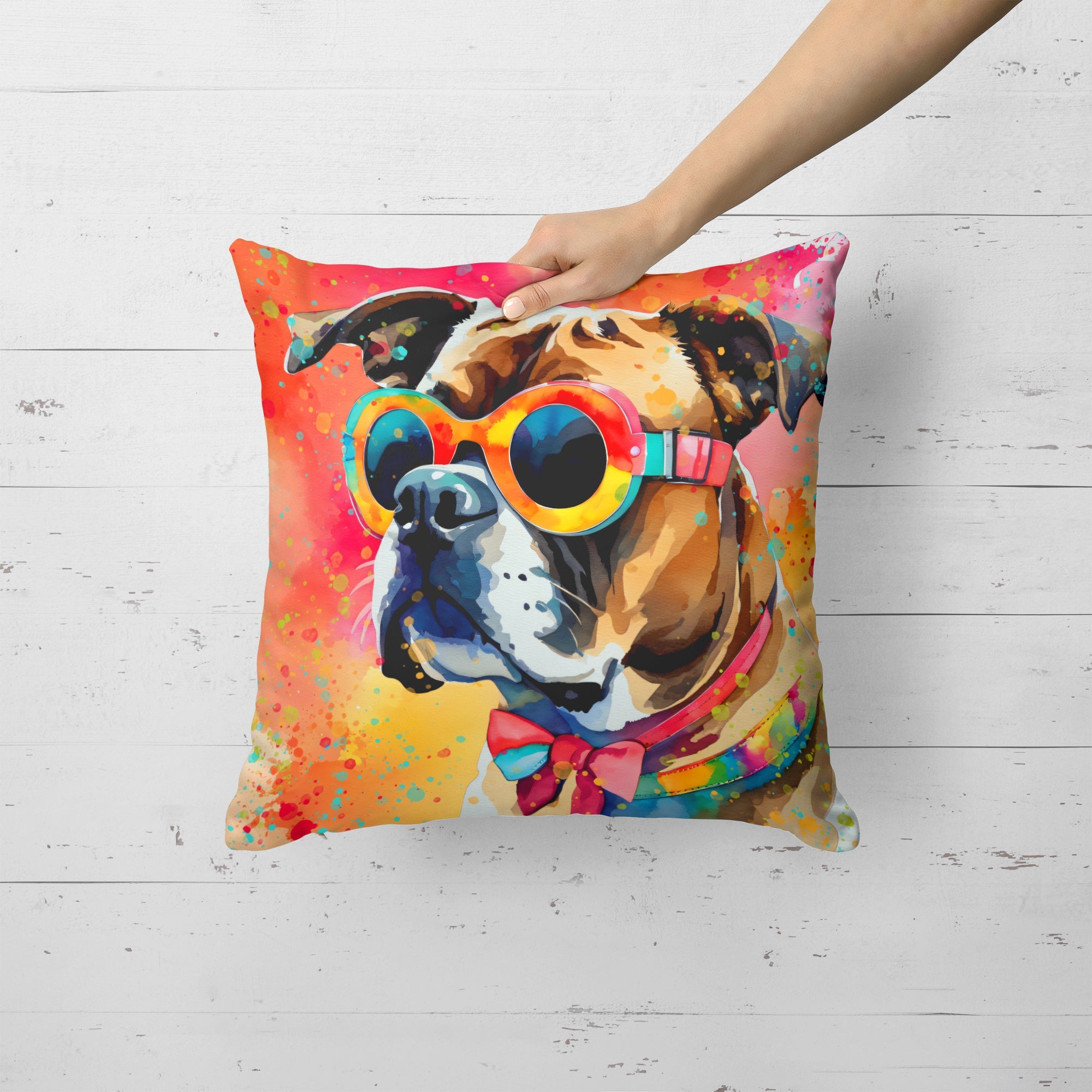 Boxer Hippie Dawg Decorative Throw Pillow 18x18 Indoor Outdoor Accent Cushion, Fabric Cover with Insert for Sofa, Bed, Porch & Living Room