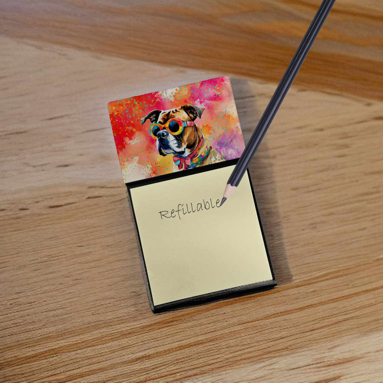 Boxer Hippie Dawg Watercolor Sticky Note Holder Refillable Dispenser Desk Accessory 3x3 Pad Gift