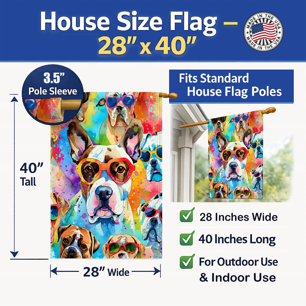 Boxer Hippie Dawg House Flag 28x40 Porch Sleeve Pole Decorative Outside Yard Banner Artwork Wall Hanging, Polyester