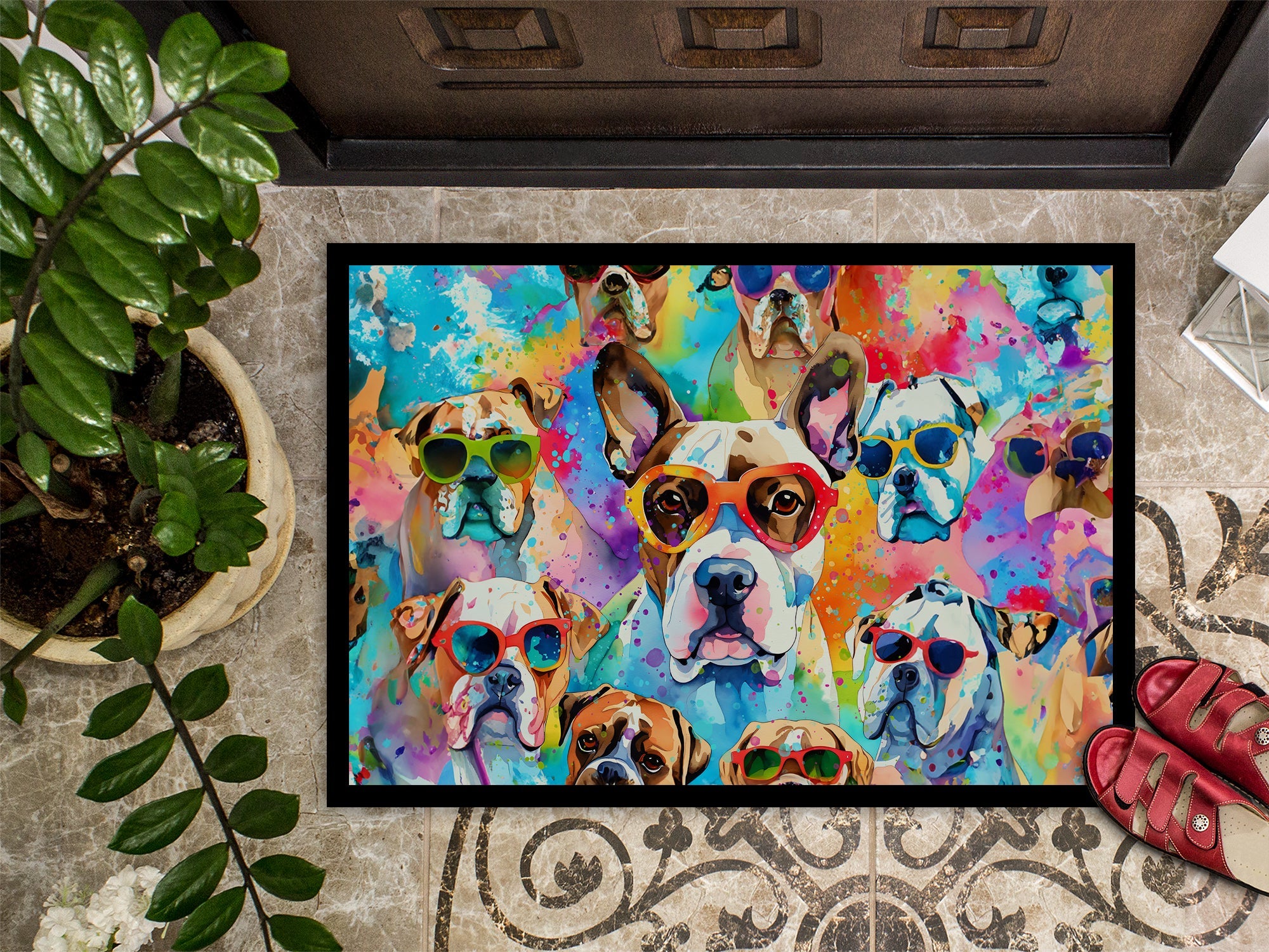 Boxer Hippie Dawg Doormat Indoor Outdoor 18H X 27W Front Door Mat Rugs for Entryway, Non Slip Washable