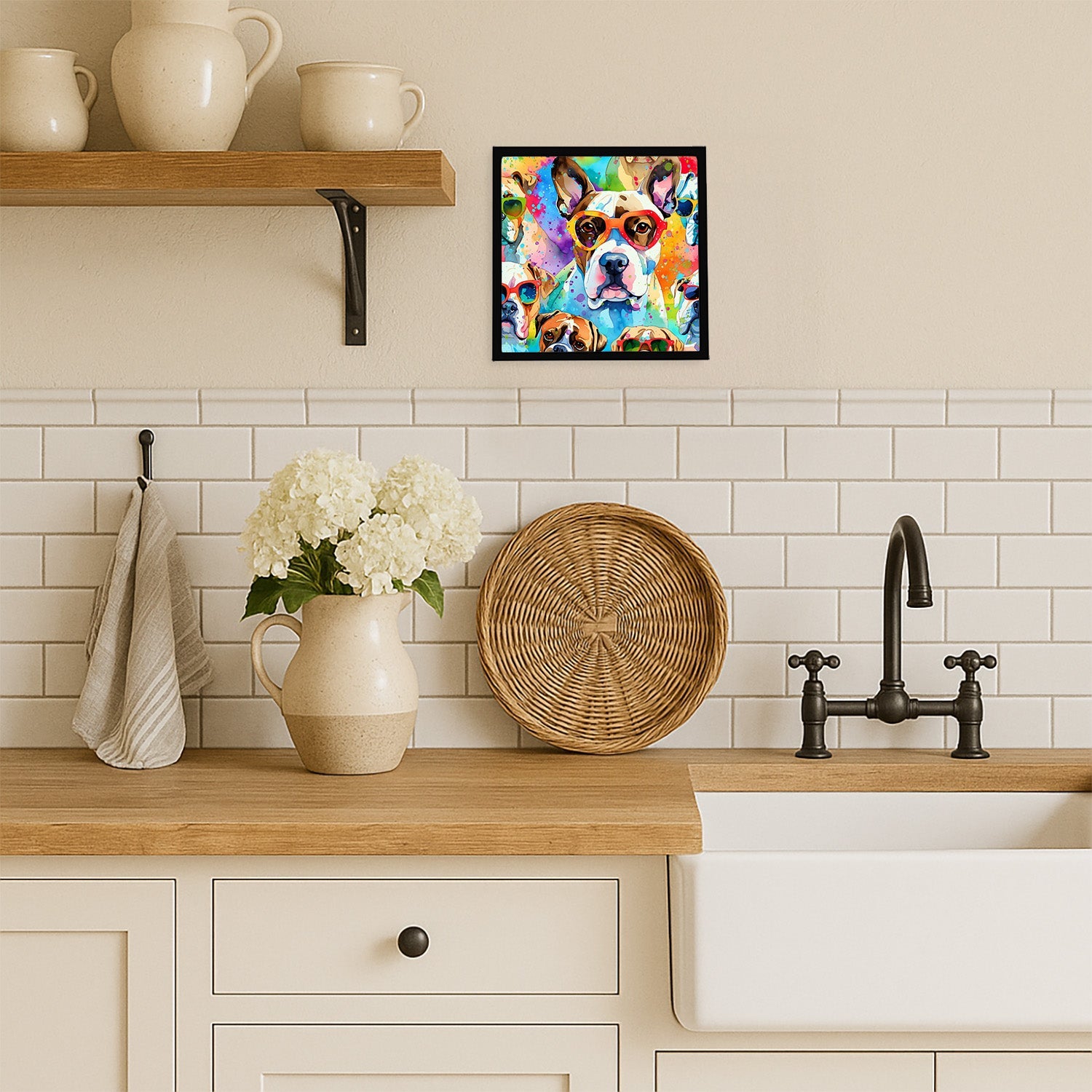 Boxer Hippie Dawg Framed Metal Print Bathroom, Kitchen, Office, Home Decor Wall Art Ready to Hang, Square, 8X8