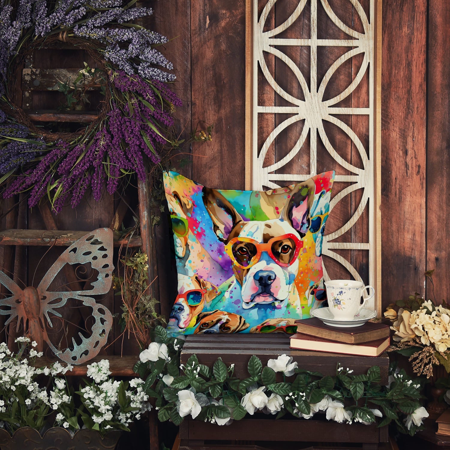 Boxer Hippie Dawg Decorative Throw Pillow 18x18 Indoor Outdoor Accent Cushion, Fabric Cover with Insert for Sofa, Bed, Porch & Living Room