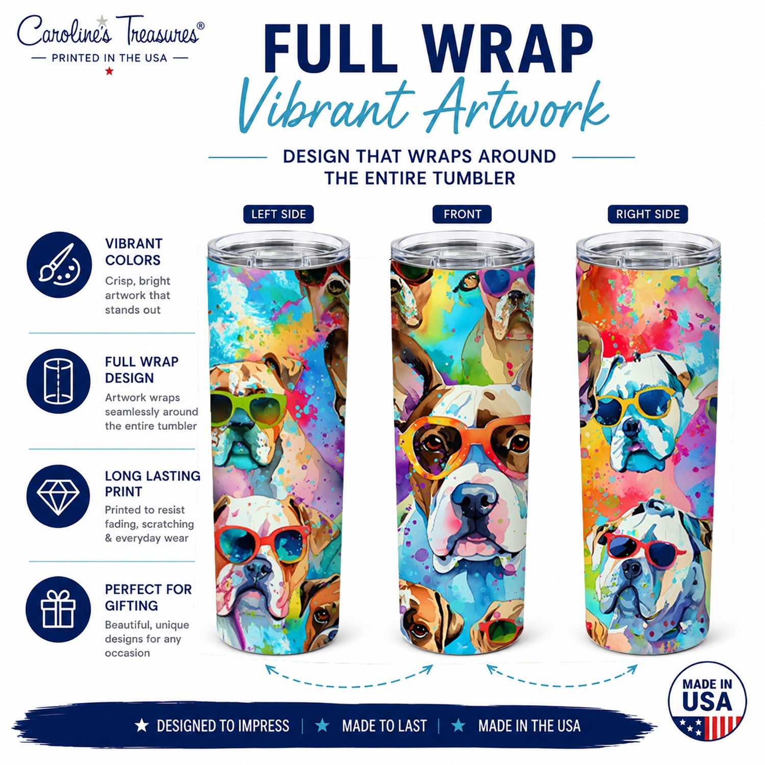 Boxer Hippie Dawg Stainless Steel Skinny Tumbler 20 oz Vacuum Double Walled Reusable Insulated Travel Cup