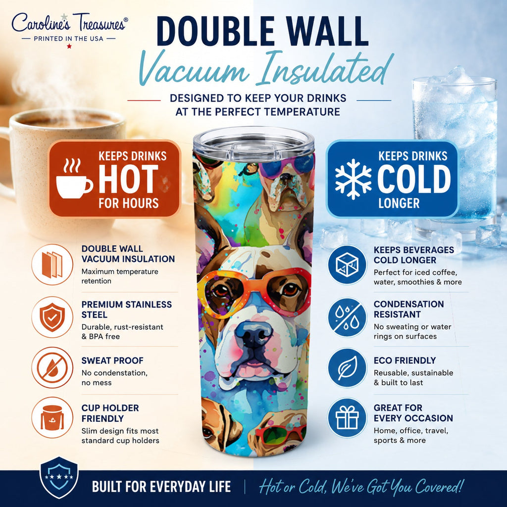 Boxer Hippie Dawg Stainless Steel Skinny Tumbler 20 oz Vacuum Double Walled Reusable Insulated Travel Cup