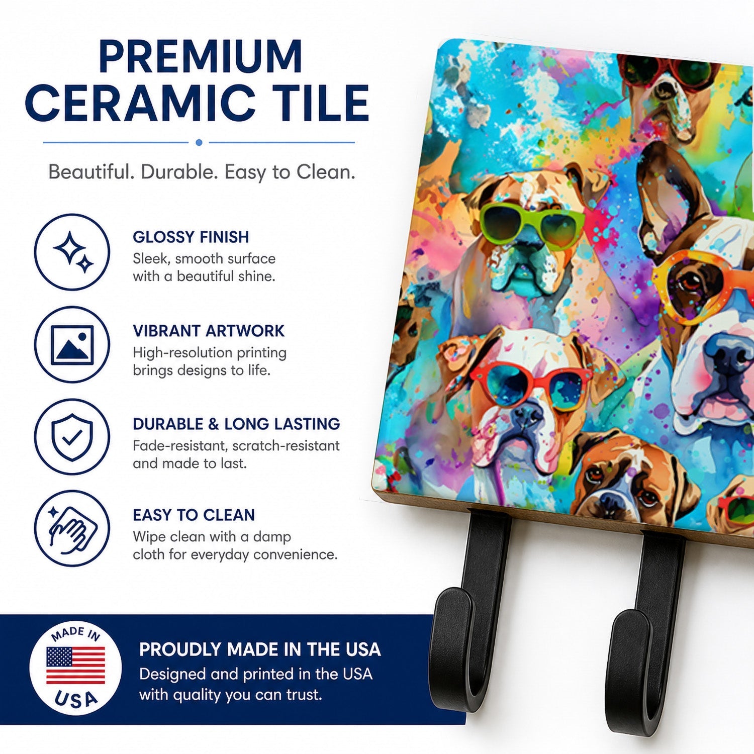 Boxer Hippie Dawg Leash or Key Holder Wall Hooks, Coat Rack Wall Mount, for Hanging Keys, Towels, Aprons, Leashes