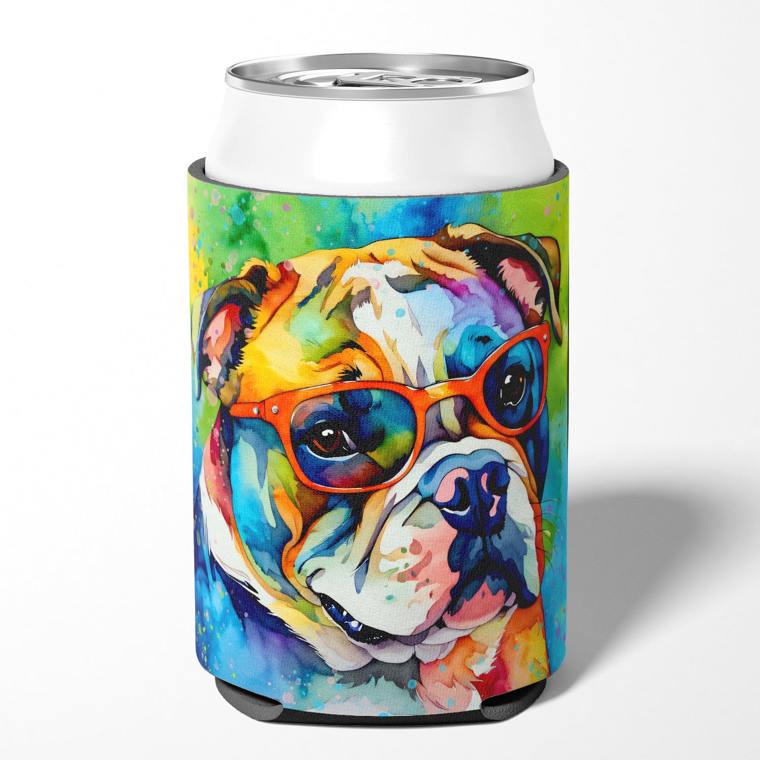 English Bulldog Hippie Dawg Can or Bottle Hugger Cooler Sleeve for Standard 12 oz Cans, Insulated Foam Beer & Soda Can Hugger Reusable