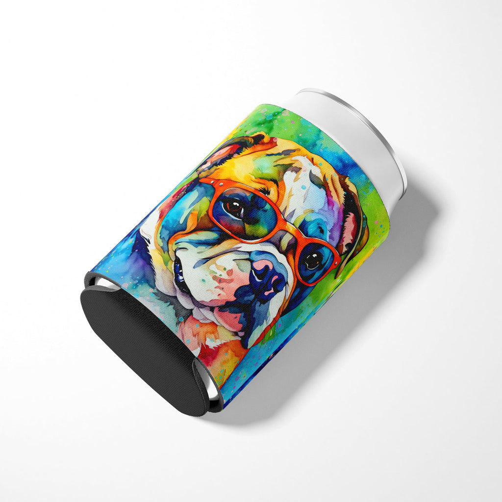 English Bulldog Hippie Dawg Can or Bottle Hugger Cooler Sleeve for Standard 12 oz Cans, Insulated Foam Beer & Soda Can Hugger Reusable