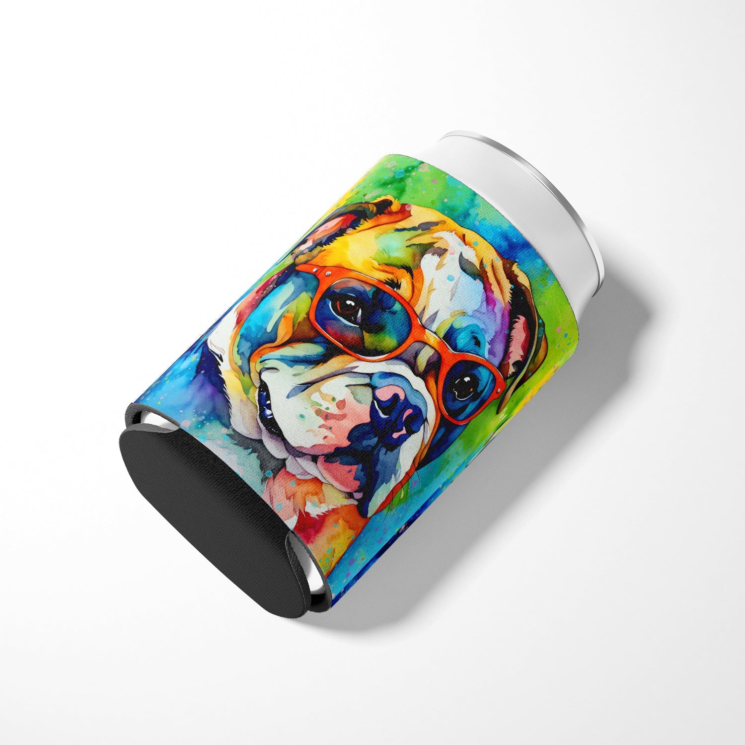 English Bulldog Hippie Dawg Can or Bottle Hugger Cooler Sleeve for Standard 12 oz Cans, Insulated Foam Beer & Soda Can Hugger Reusable