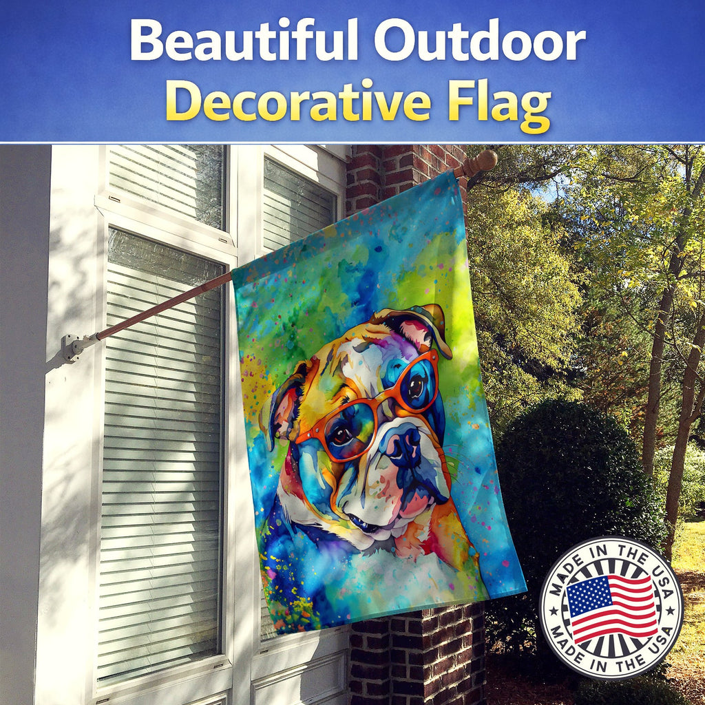 English Bulldog Hippie Dawg House Flag 28x40 Porch Sleeve Pole Decorative Outside Yard Banner Artwork Wall Hanging, Polyester