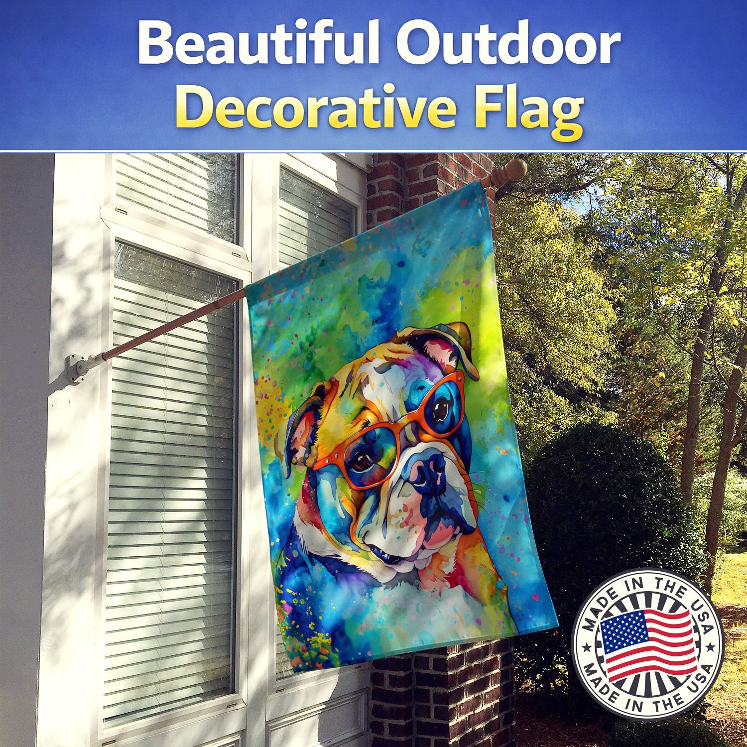 English Bulldog Hippie Dawg House Flag 28x40 Porch Sleeve Pole Decorative Outside Yard Banner Artwork Wall Hanging, Polyester