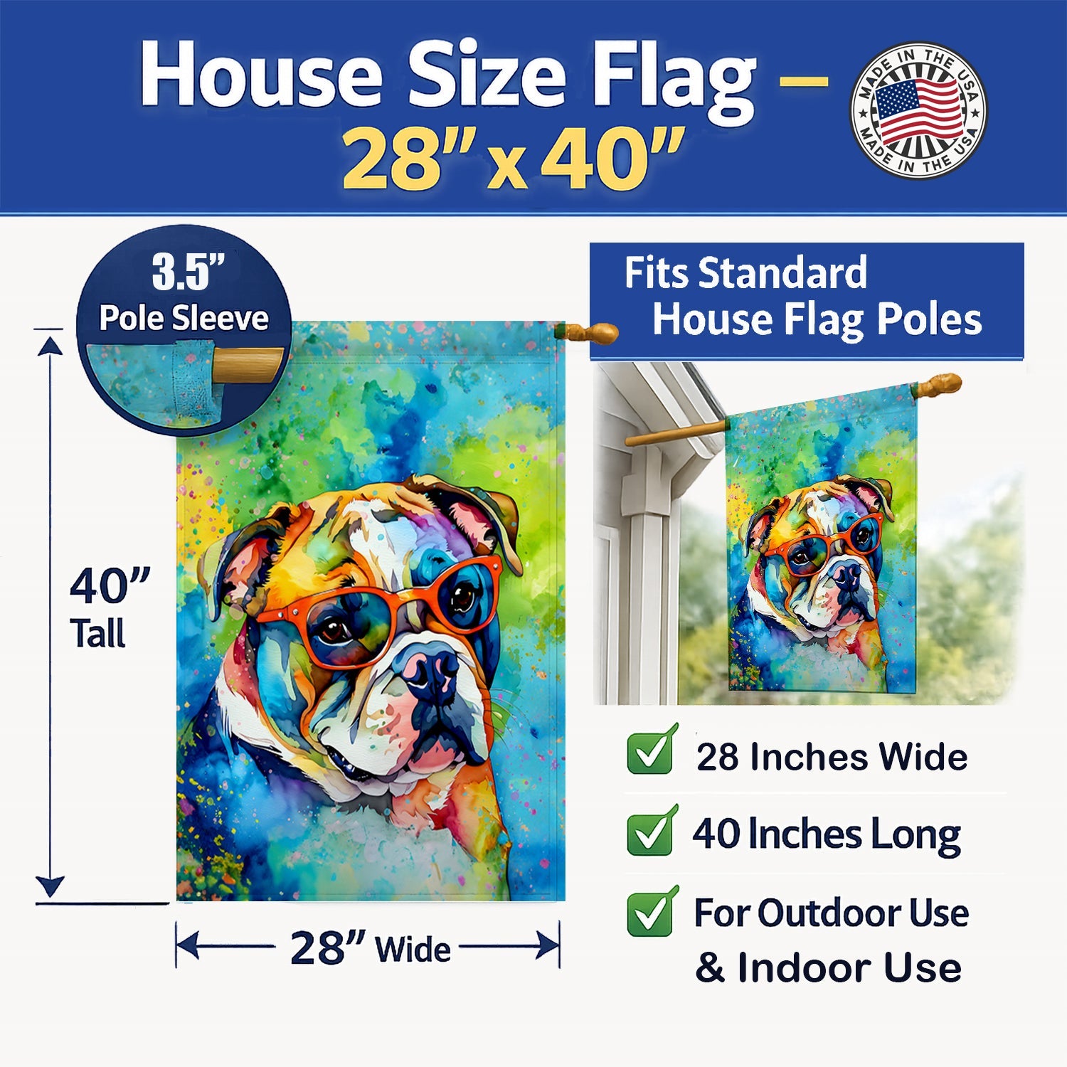 English Bulldog Hippie Dawg House Flag 28x40 Porch Sleeve Pole Decorative Outside Yard Banner Artwork Wall Hanging, Polyester